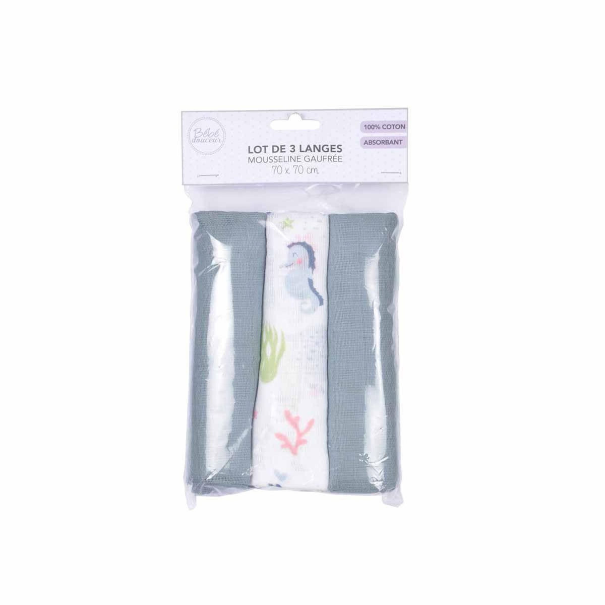 Paris Prix Lot de 3 Langes en Coton  Océan  70cm Bleu