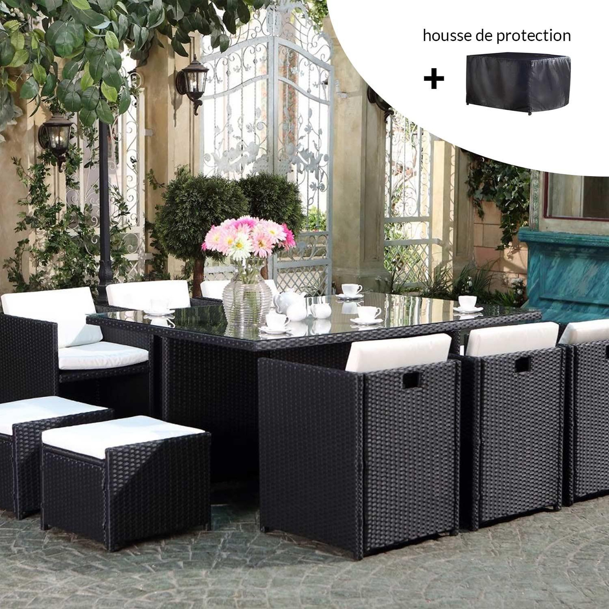 Voir la diapositive 2 : CONCEPT USINE Salon de jardin 10 places noir-blanc + housse de protection miami