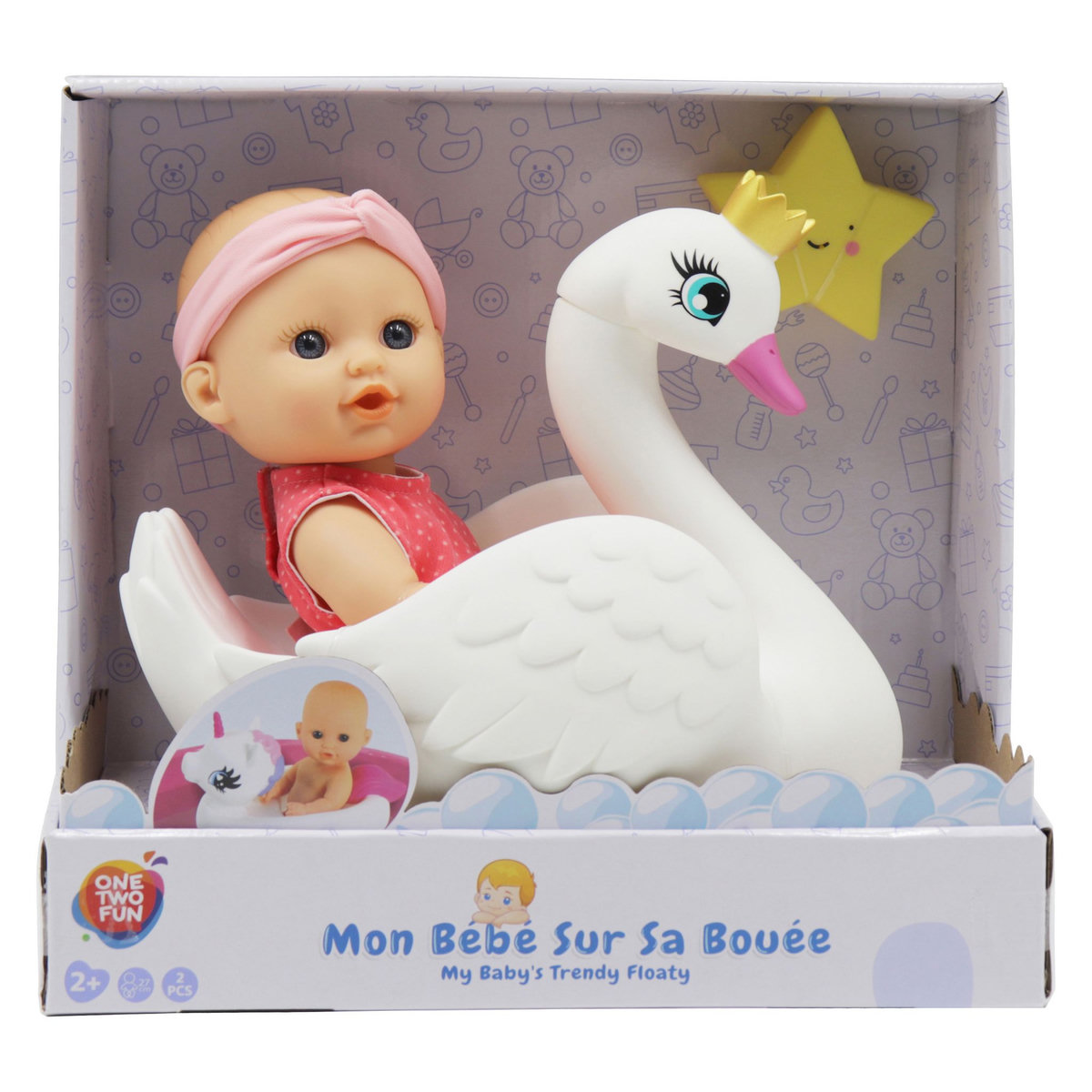 One Two Fun Mon bébé 30 cm sur sa bouée Cygne