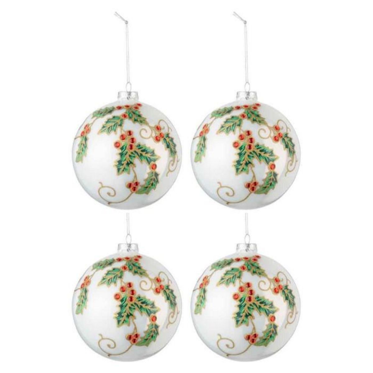 Paris Prix Lot de 4 Boules de Noël  Houx  10cm Blanc & Vert