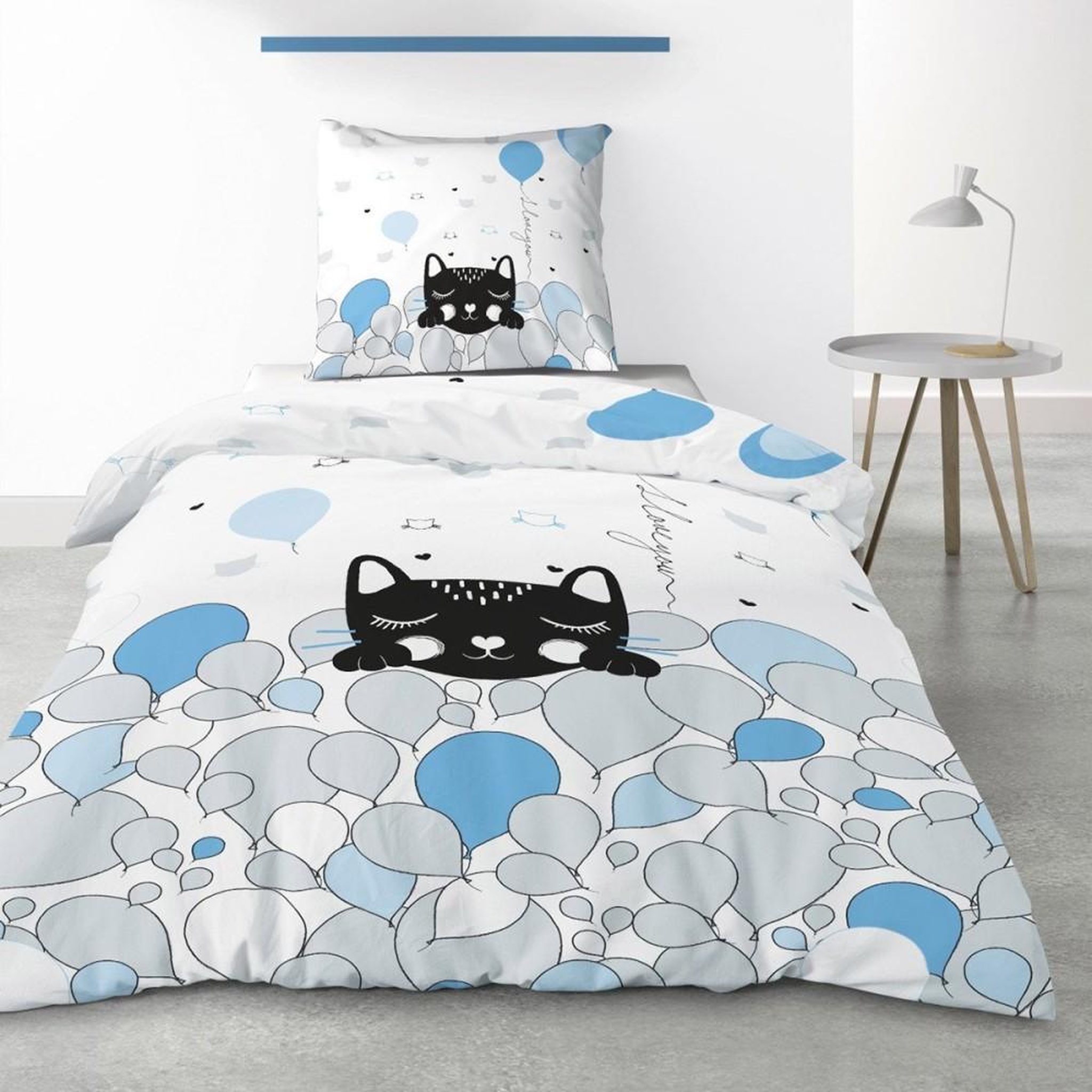 Voir la diapositive 1 : ATELIER DU COTON Housse de couette 140x200 Pussycat blue + taie 100% coton