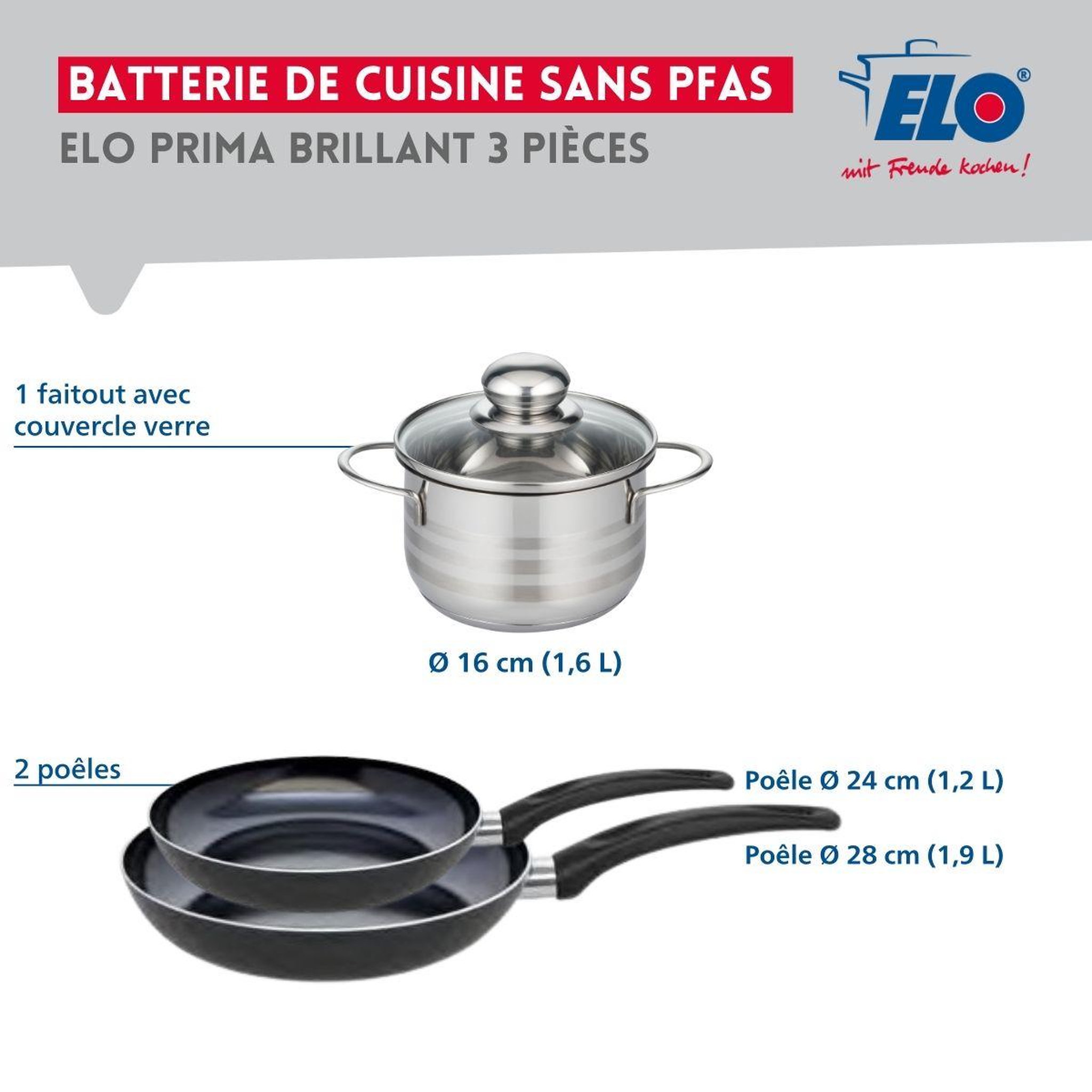 Voir la diapositive 2 : ELO Ensemble de 2 poêles de cuisson 24 et 28 cm et 1 faitout 16 cm elo prima brillant