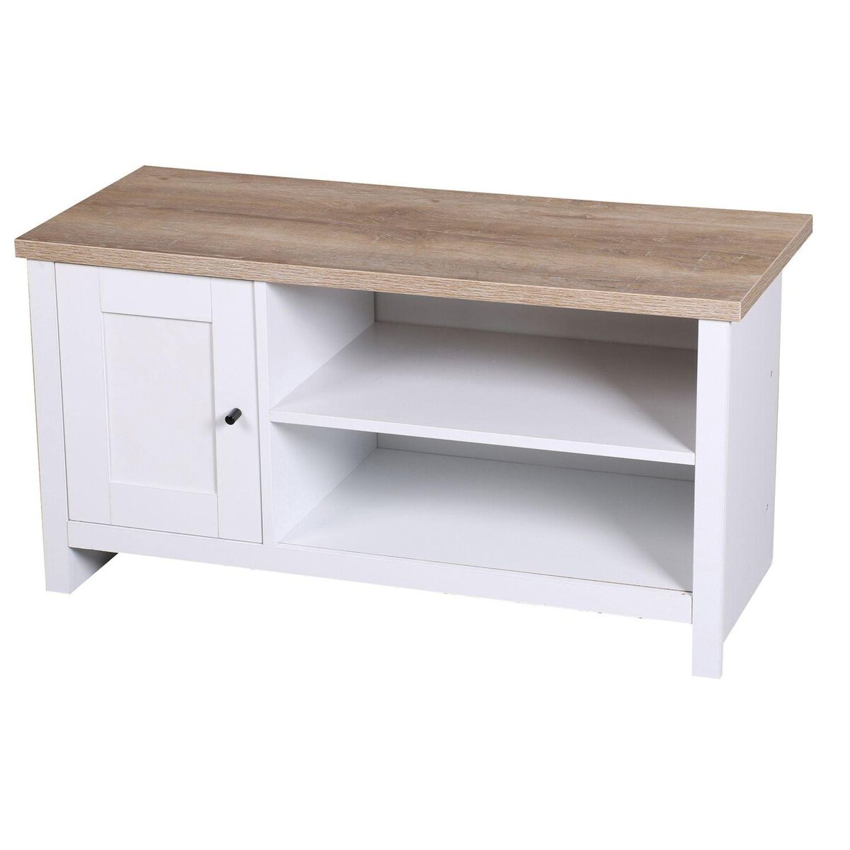 TOILINUX Meuble TV Virginia avec 2 étagères et 1 porte au style colonial - Longueur 95 cm x Hauteur 49 cm - Bois et blanc