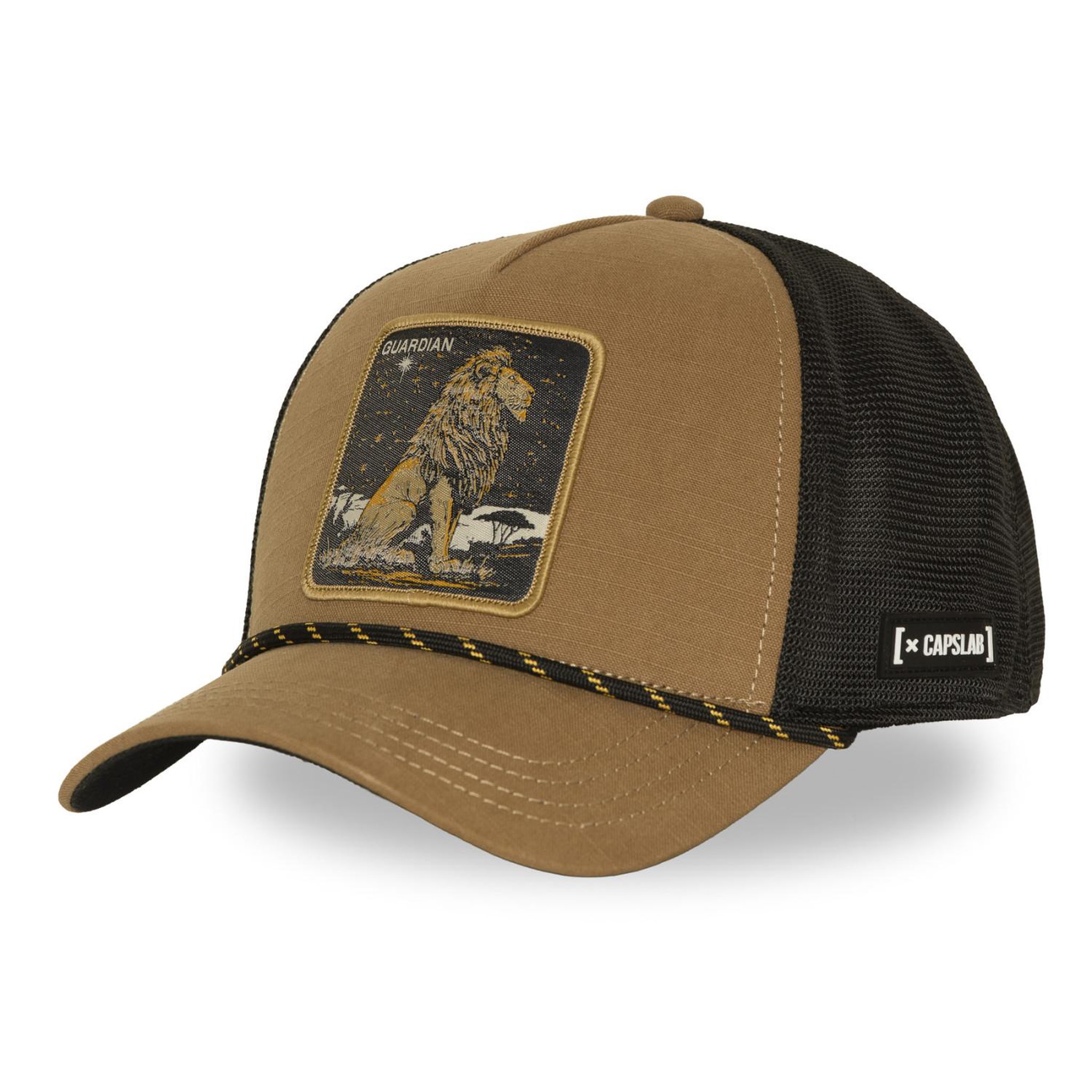CAPSLAB Casquette trucker premium avec filet et patch lion. Coloris disponibles : Marron