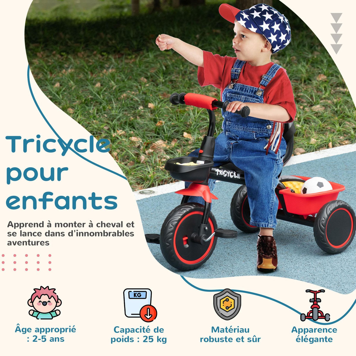 HOMCOM Tricycle pour enfant évolutif avec siège réglable - pédales - 2 paniers - ceinture - pour enfant de 2 à 5 ans - rouge et noir