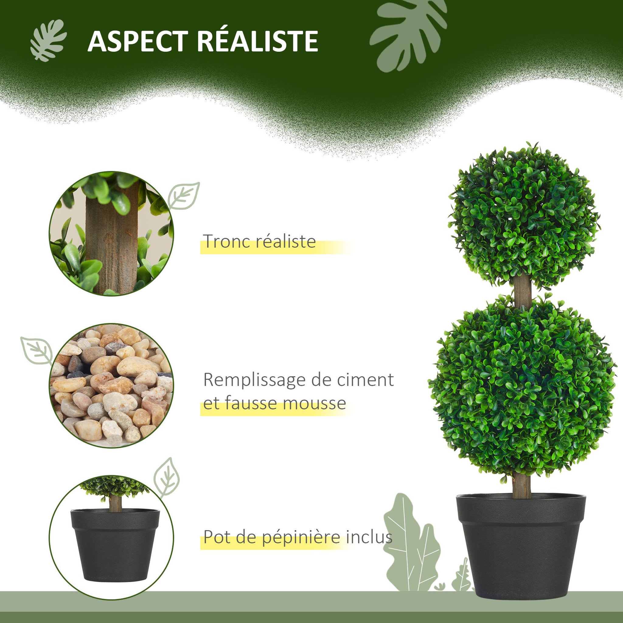 Voir la diapositive 4 : HOMCOM Lot de 2 arbres buis artificiel double boules avec tronc et pot inclus - H.60 cm PE vert