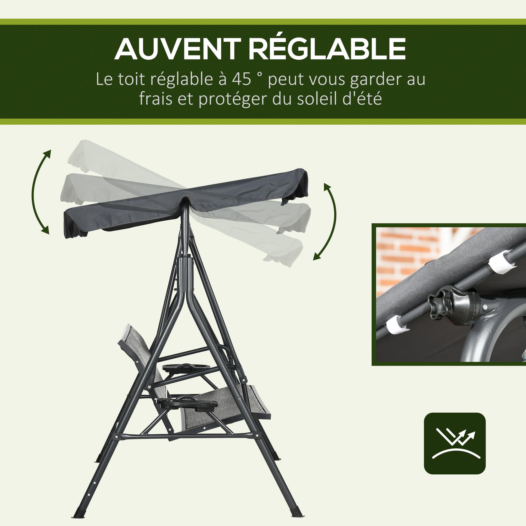 Voir la diapositive 5 : OUTSUNNY Balancelle de jardin 3 places - auvent réglable, plateaux porte-gobelets - résine tressée acier gris brun
