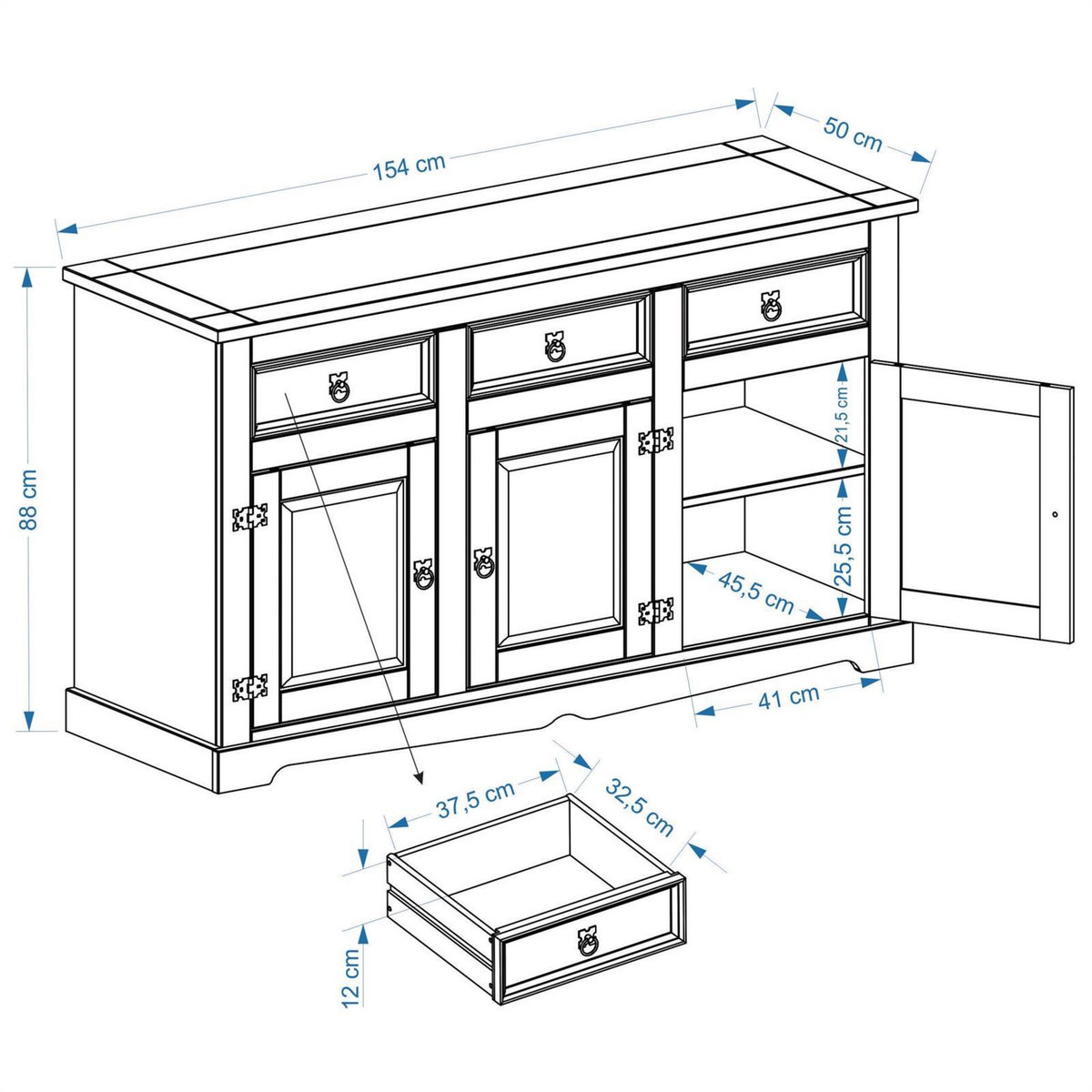 IDIMEX Buffet en pin TEQUILA, 3 tiroirs et 3 portes, en pin massif