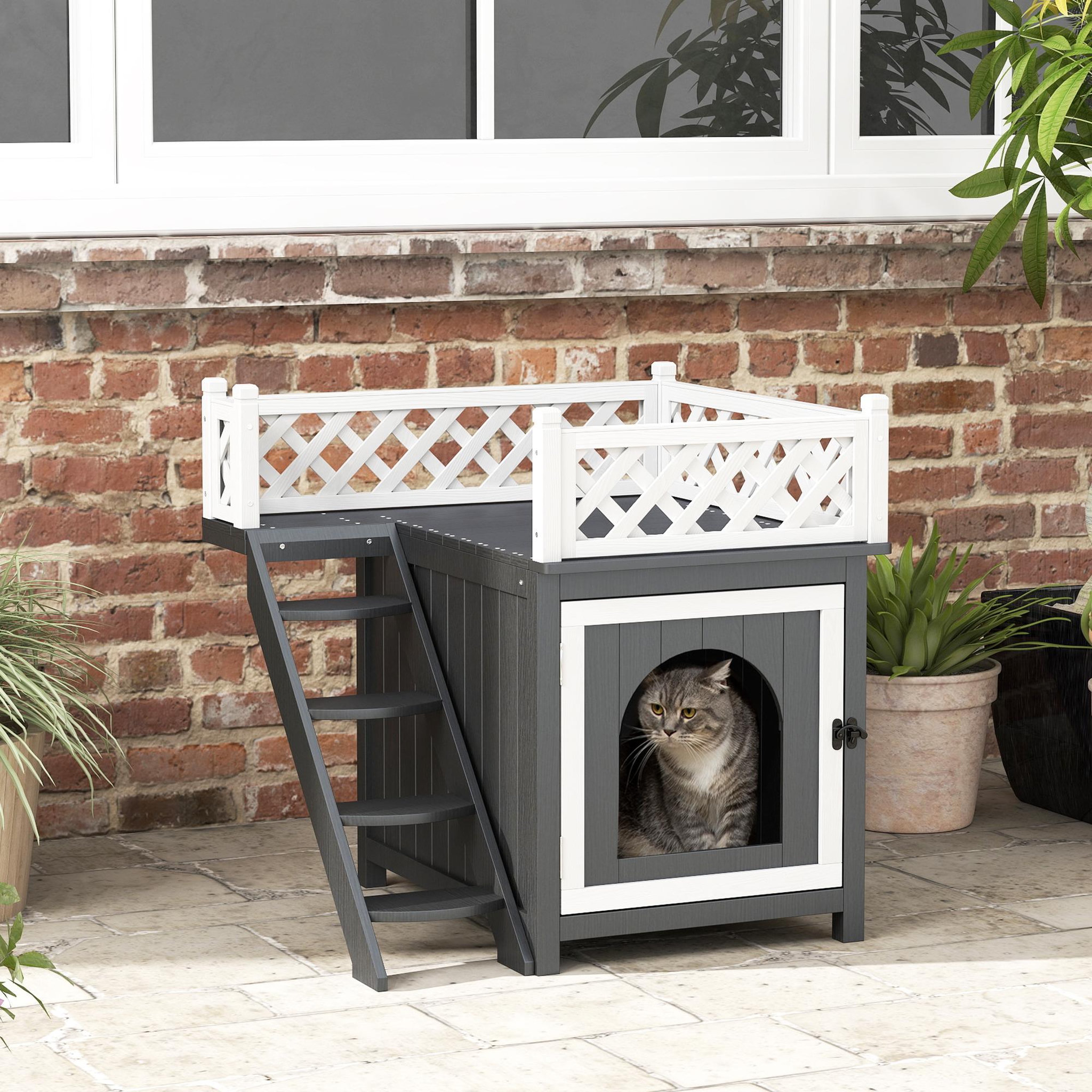 Voir la diapositive 2 : PAWHUT Maison niche chat sur pied - 2 niveaux, porte loquet, terrasse, escalier - bois gris blanc