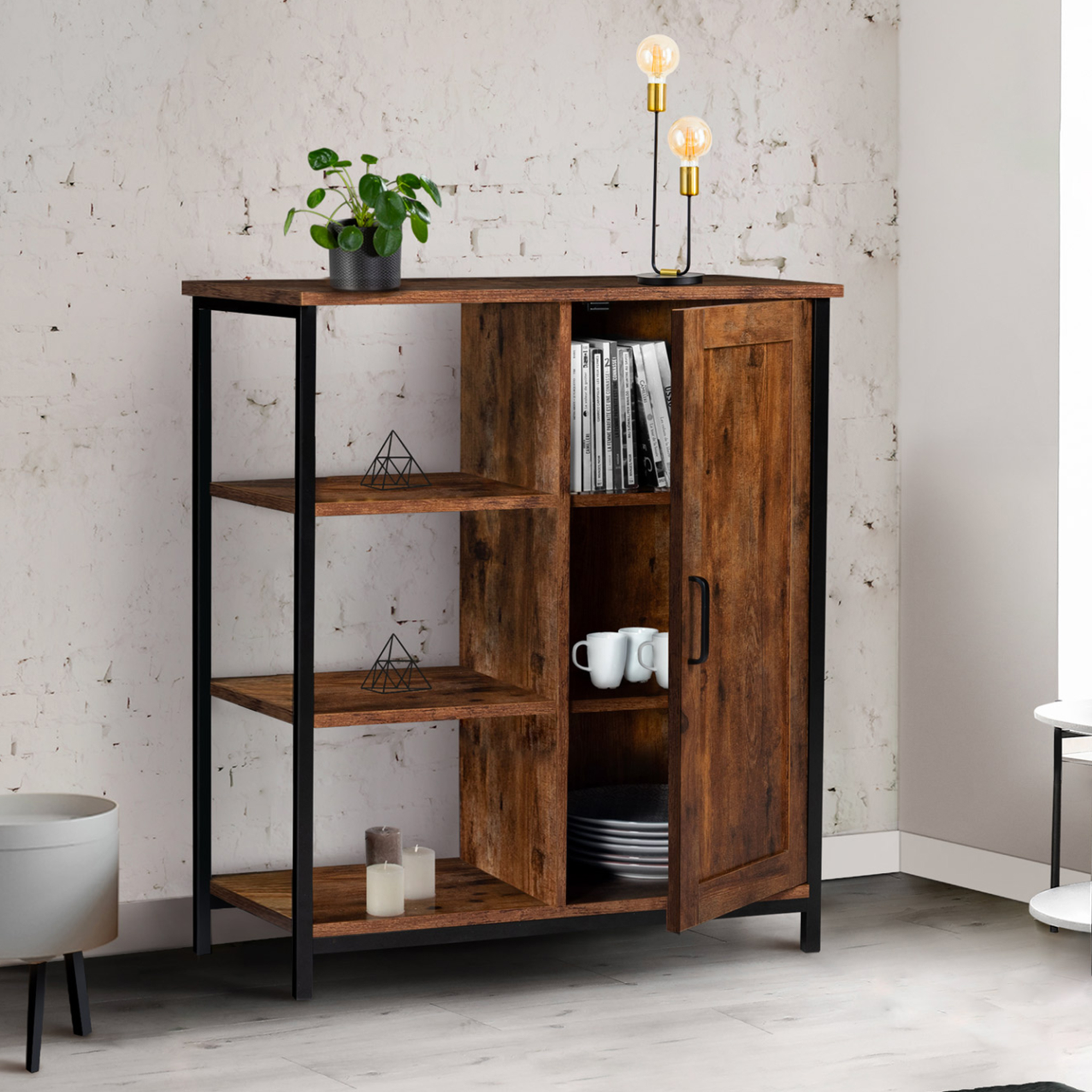 Voir la diapositive 4 : ID MARKET Buffet d'appoint 3 étagères et placard 70 cm dayton effet vieilli design industriel