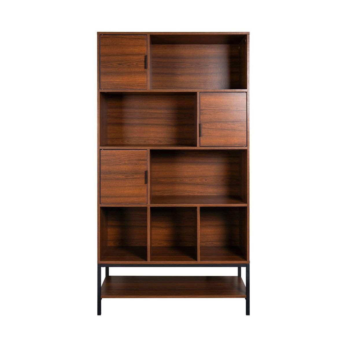 SWEEEK Bibliothèque style vintage en décor noyer et métal noir avec 9 compartiments (3 portes et 5 étagères)