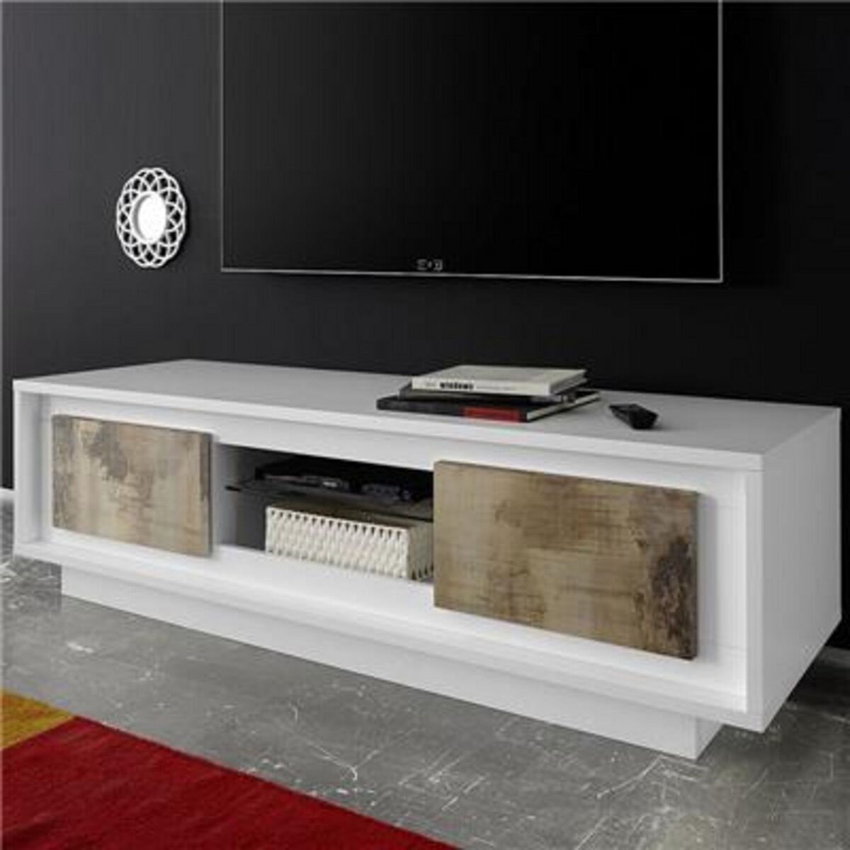 NOUVOMEUBLE Meuble TV moderne blanc laqué mat et couleur bois ERINE 2
