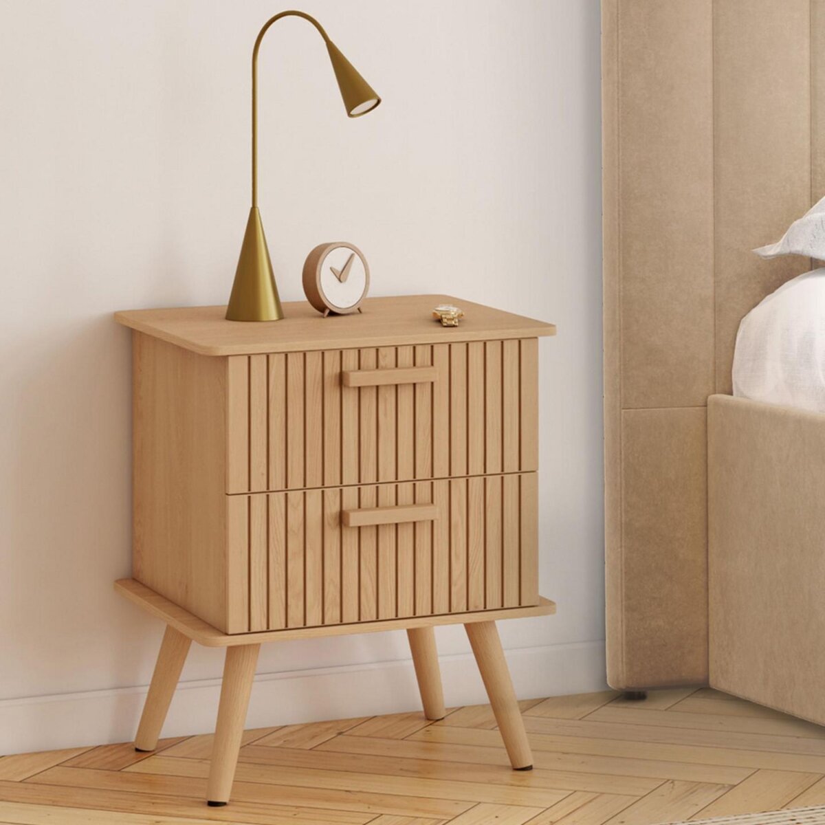 ID MARKET Lot de 2 tables de chevet JULIETTE 2 tiroirs effet lattes tasseau bois