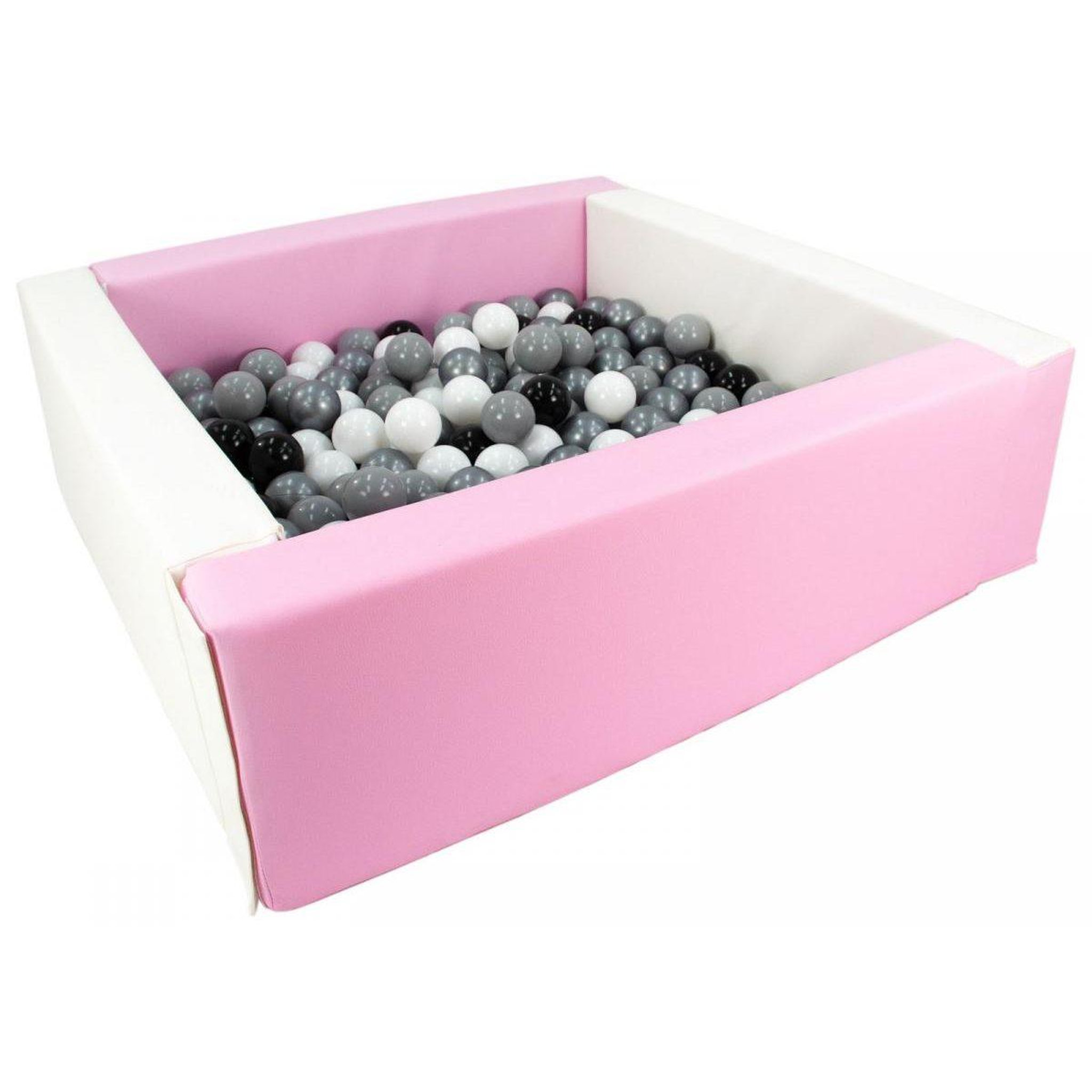 VELINDA Piscine à balles carrée avec 200 balles - blanc, rose (pastel)/noir, blanc, gris, argent