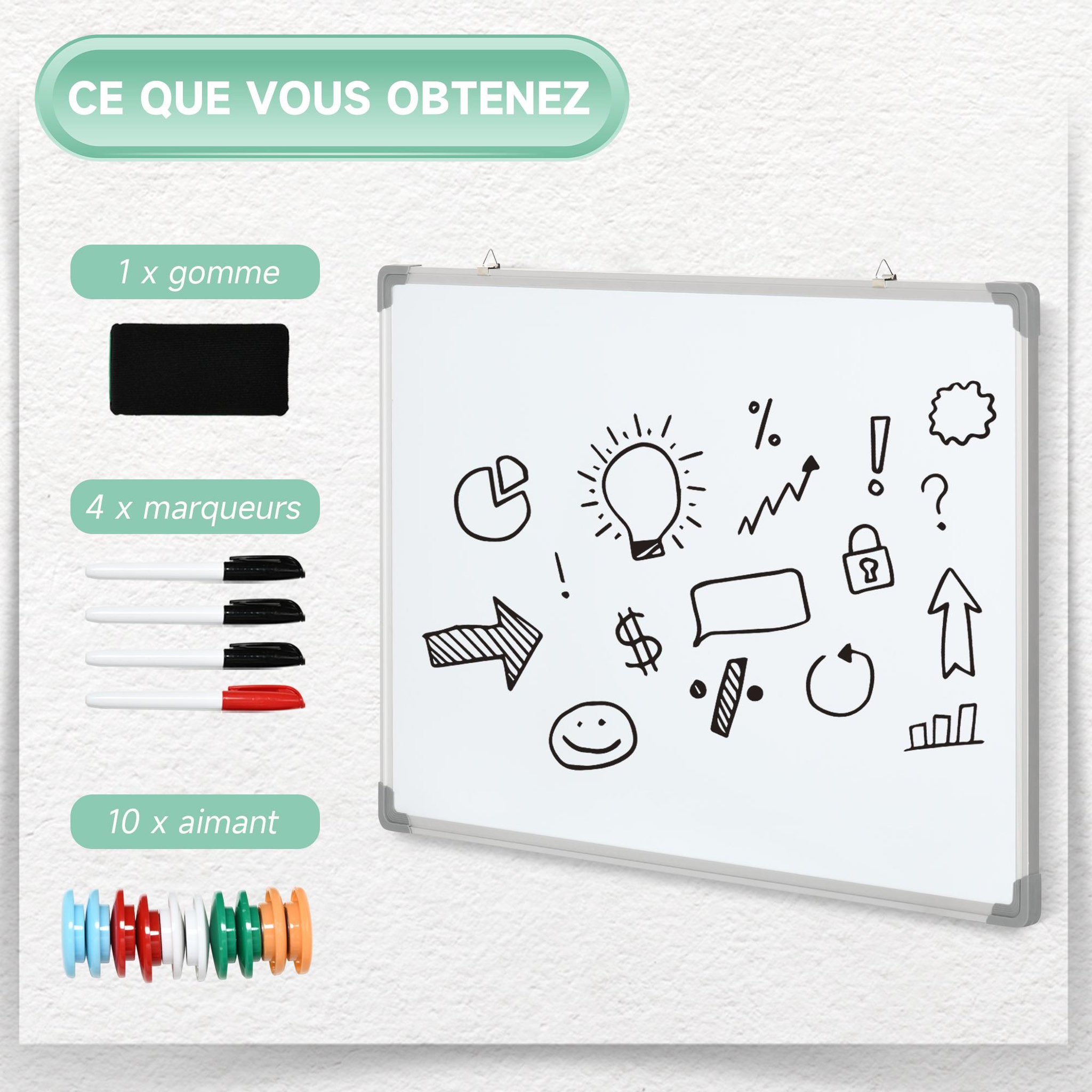Voir la diapositive 5 : HOMCOM HOMCOM Tableau blanc aimante magnetique cadre aluminium 90x60cm