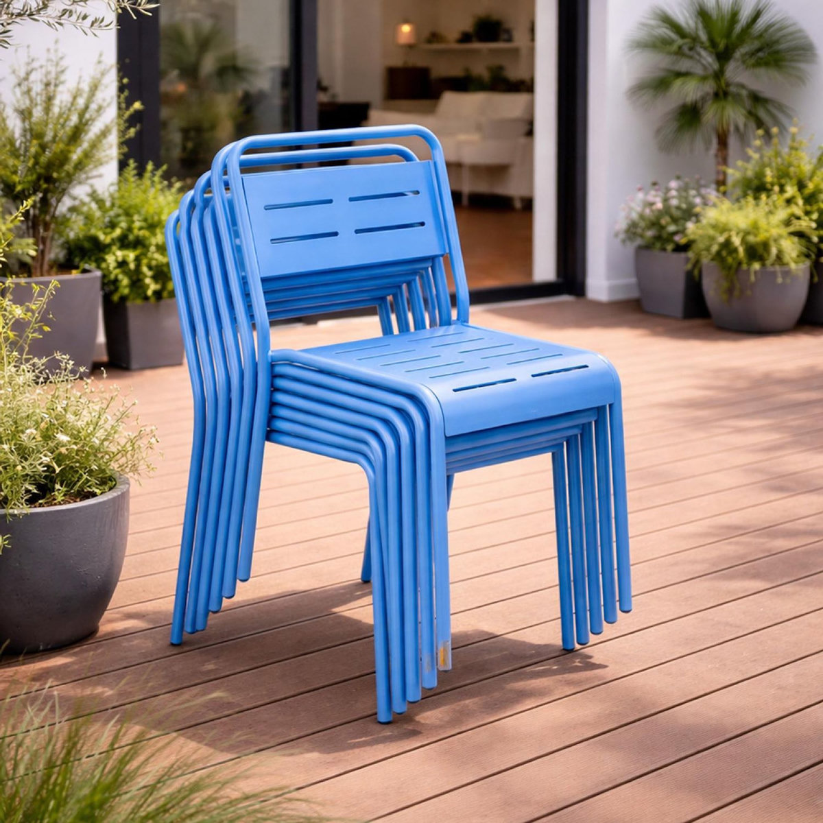 CONCEPT USINE Lot de 6 chaises de jardin empilables bleues BERGAME