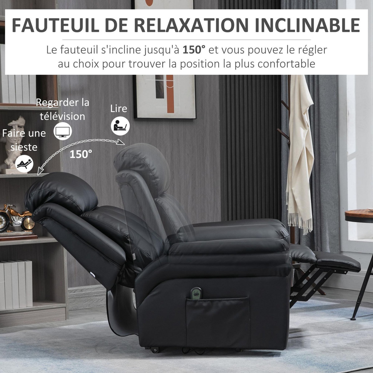 HOMCOM Fauteuil releveur inclinable avec repose-pied ajustable - fauteuil de relaxation électrique - revêtement synthétique noir