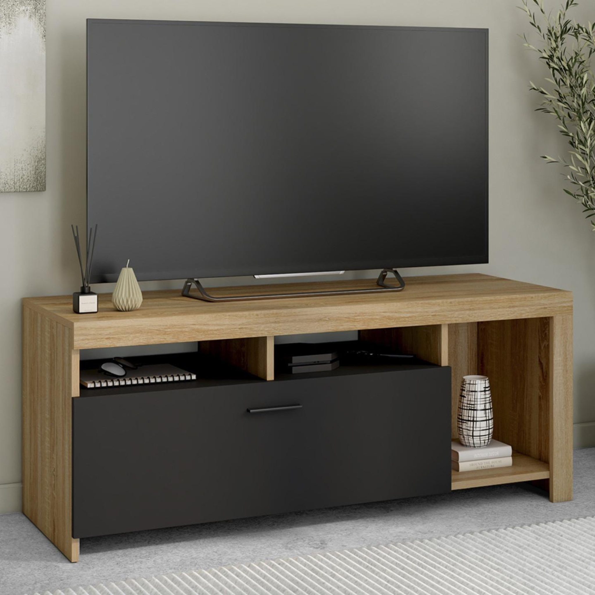Voir la diapositive 2 : ID MARKET Meuble tv 110 cm malo bois et placard noir