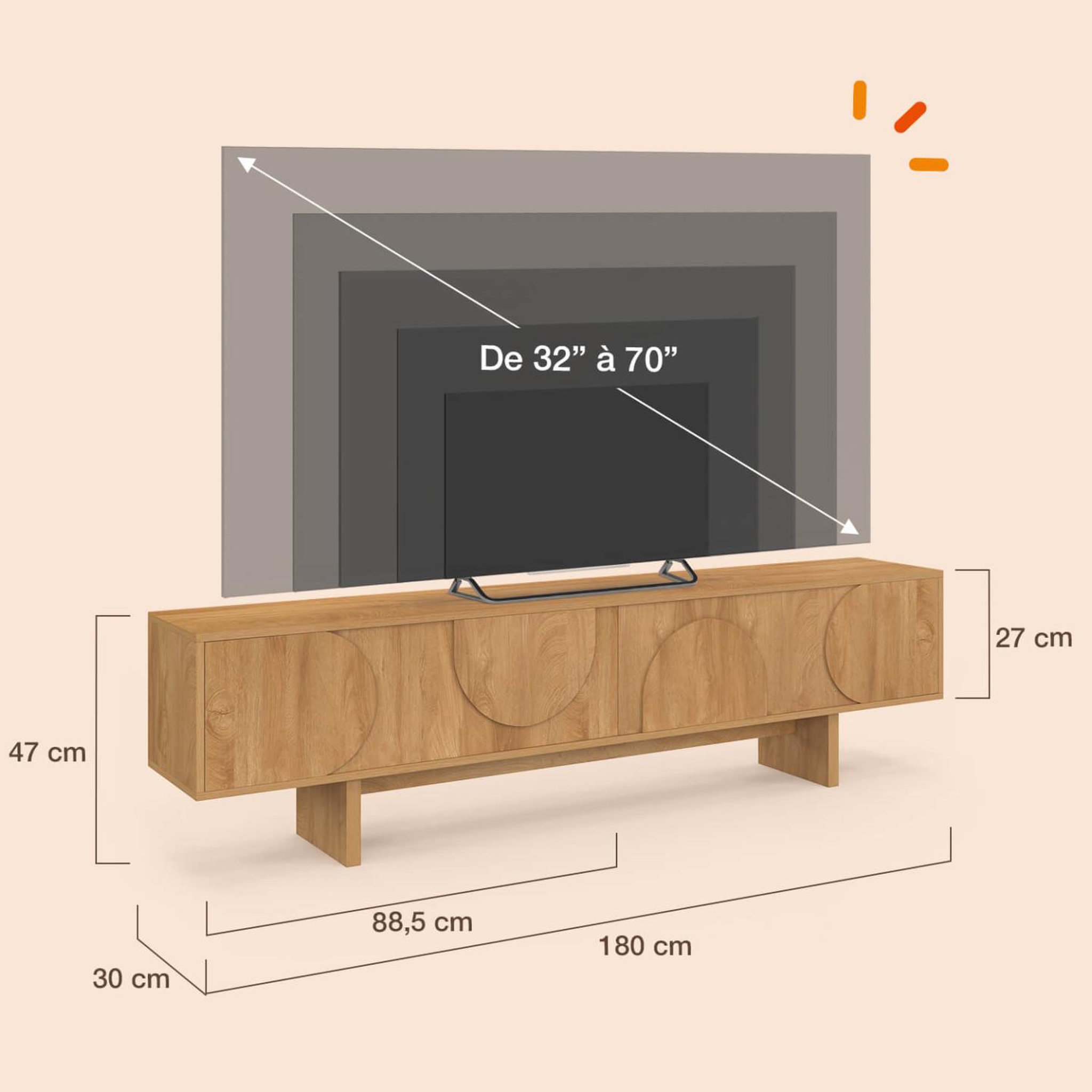 Voir la diapositive 5 : ID MARKET Meuble TV 180 cm ARVIN 2 portes avec reliefs arrondis bois clair