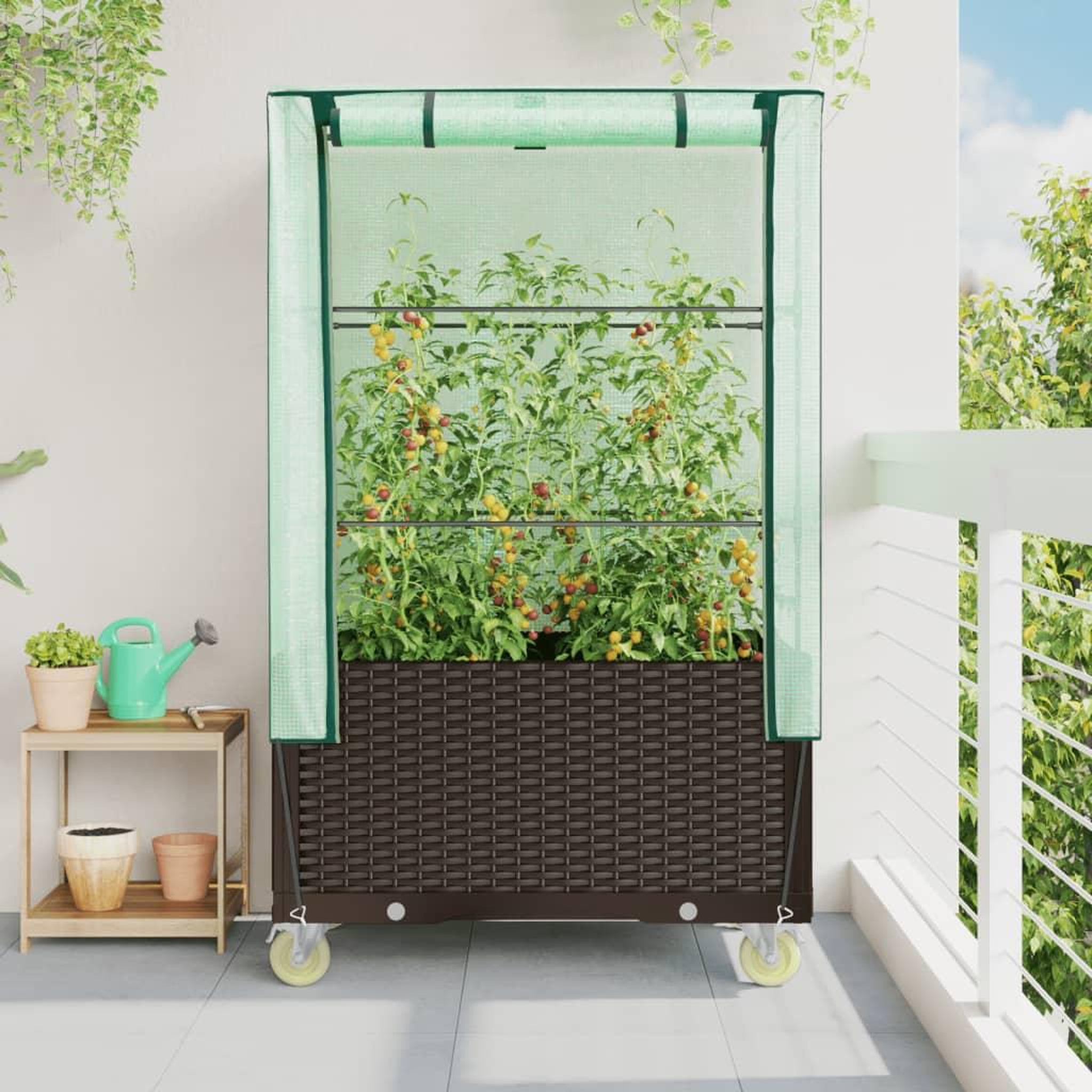 Voir la diapositive 3 : VIDAXL Jardiniere surelevee avec housse et roues aspect rotin