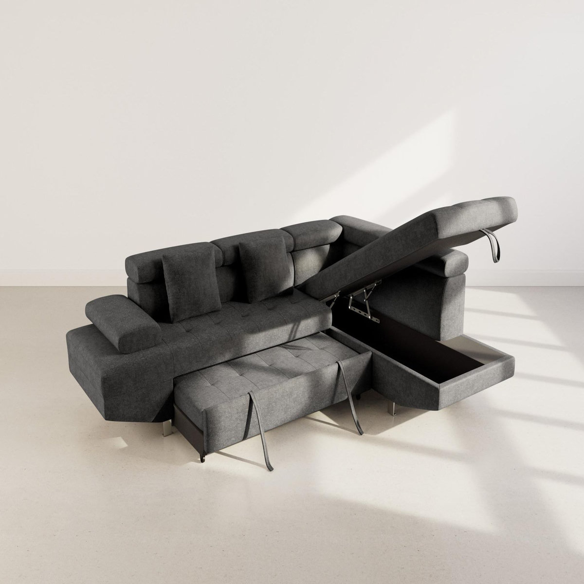 BEST MOBILIER Margaux - canapé d'angle droit 5 places convertible avec coffre et têtières réglables en velours texturé