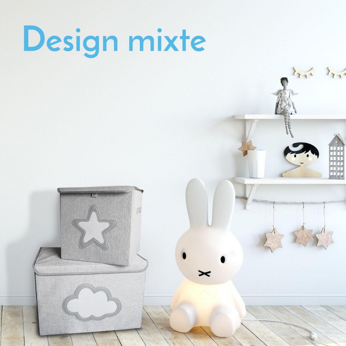 Monsieur Bébé Lot de 5 boites de rangement, coffre à jouets pour enfant avec couvercle - 50 x 35.5 x 35 cm - Gris Nuage