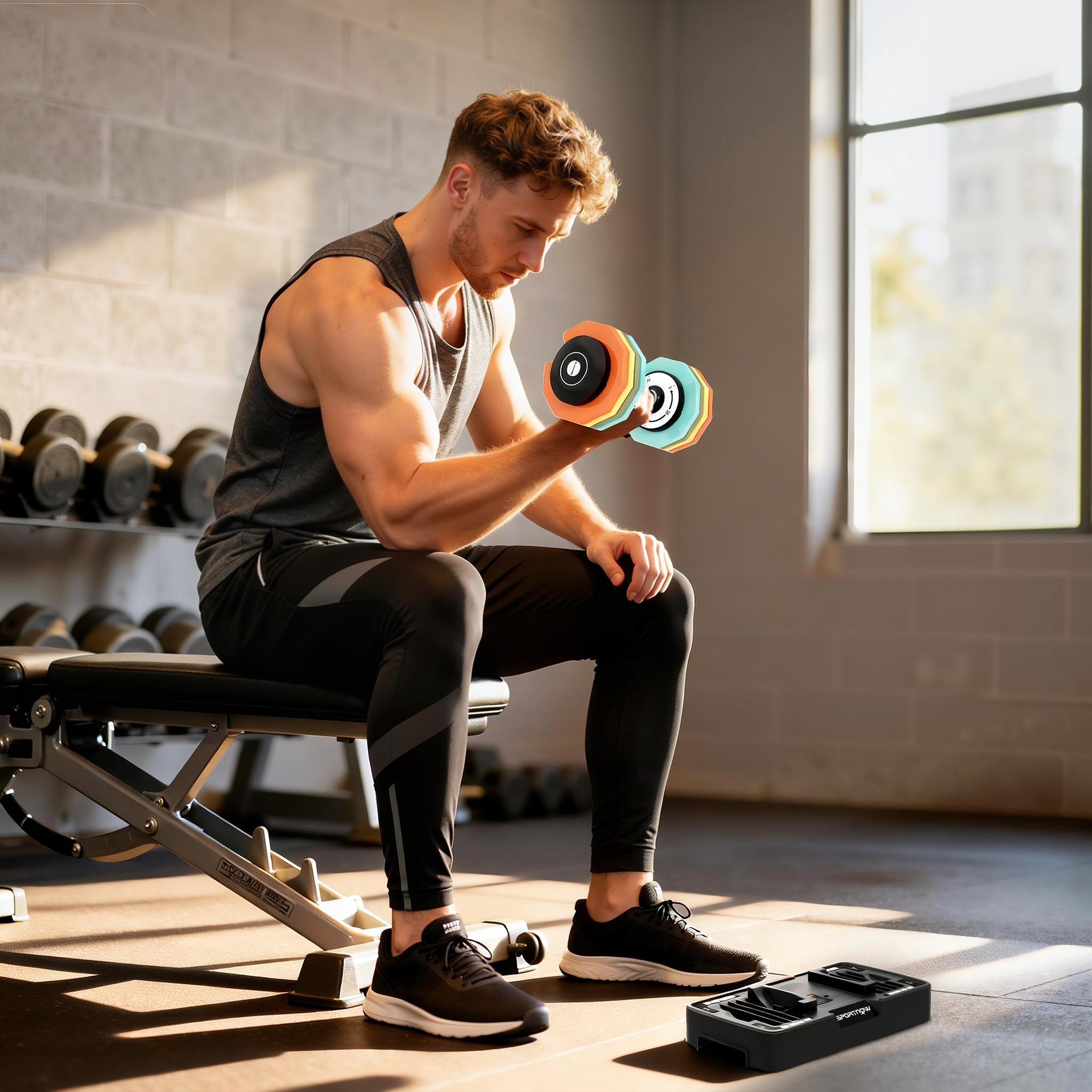 Voir la diapositive 2 : HOMCOM Haltère réglable 5kg min. 25kg max. Socle rangement inclus multicolore