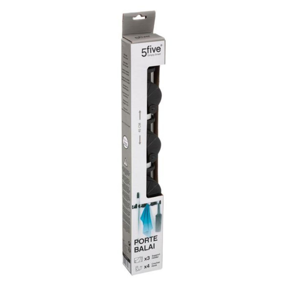 FIVE Porte Balai 3 Supports  4 Crochets  40cm Argent