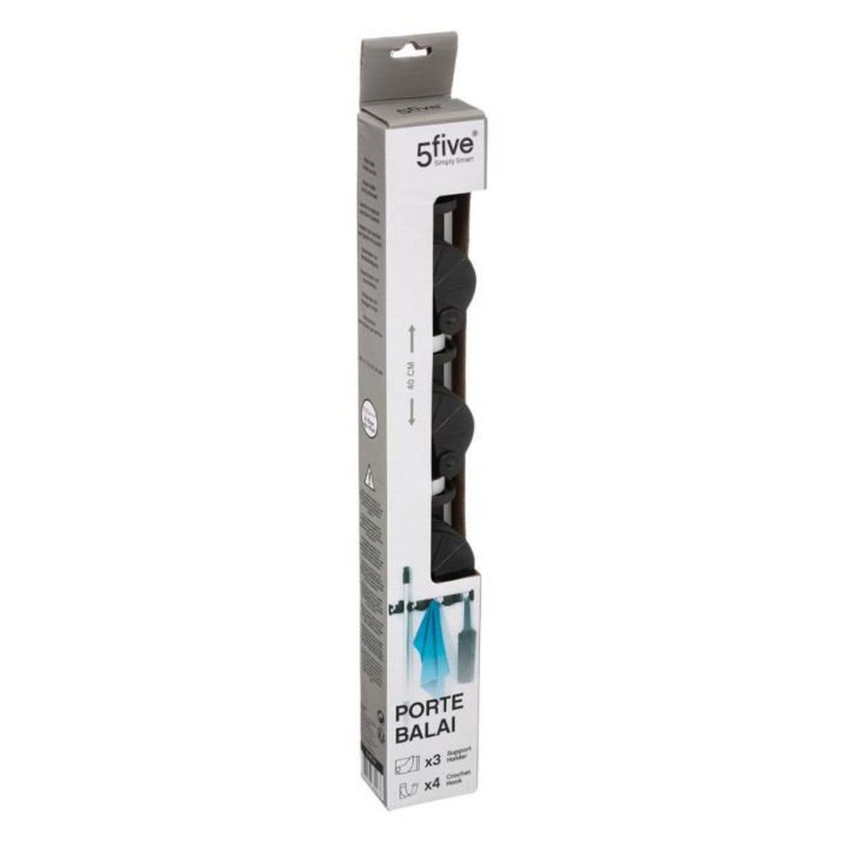 FIVE Porte Balai 3 Supports  4 Crochets  40cm Argent