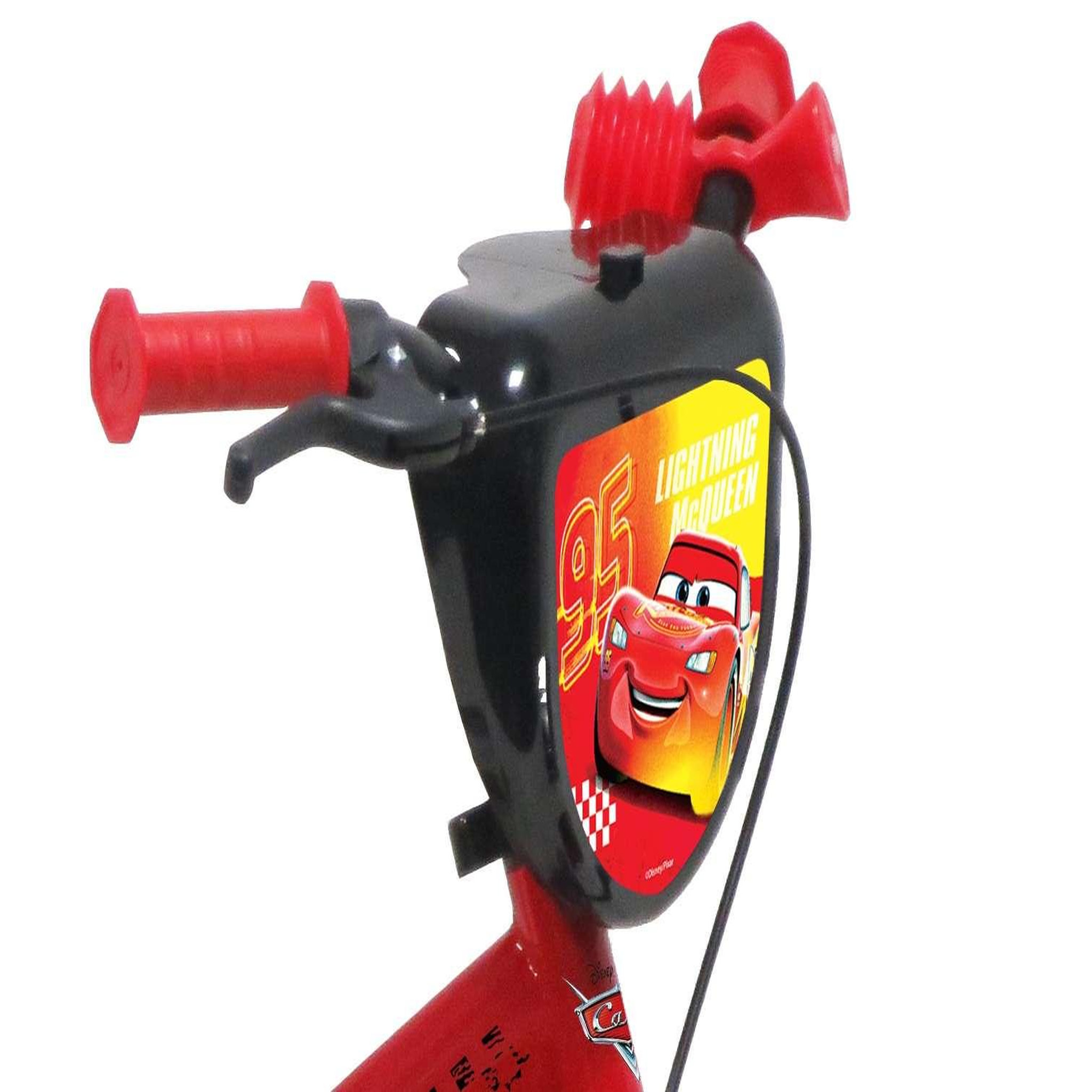 Voir la diapositive 3 : Disney Cars Vélo enfant - Modèle 12'' Cars pour enfant de 85/100 cm avec stabilisateurs - Plaque décorative avant - Porte bidon - 1 frein et roues batons