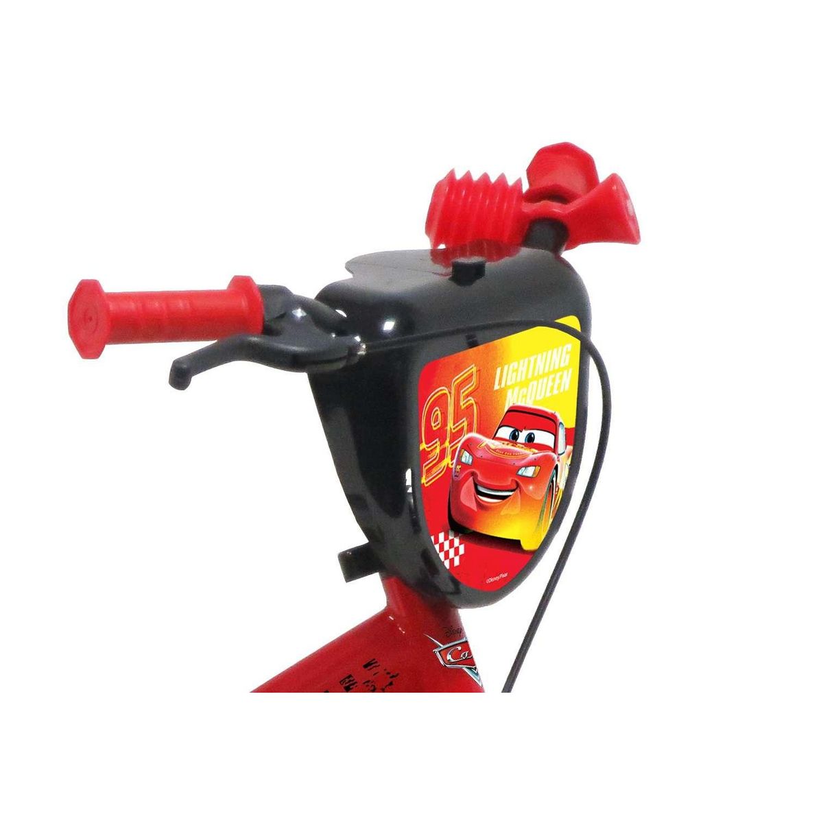 Disney Cars Vélo enfant - Modèle 12'' Cars pour enfant de 85/100 cm avec stabilisateurs - Plaque décorative avant - Porte bidon - 1 frein et roues batons