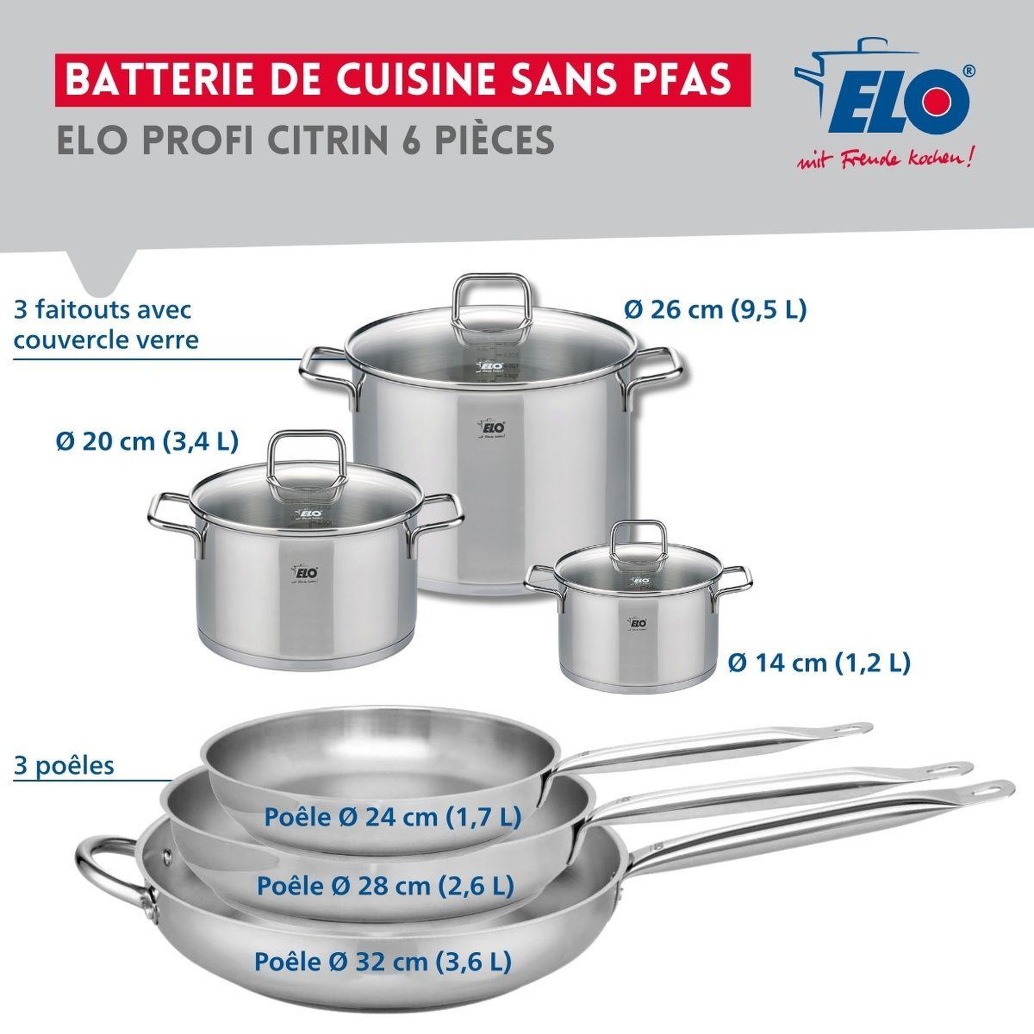 Voir la diapositive 2 : ELO Ensemble de 3 poêles de cuisson 24, 28 et 32 cm et 3 faitouts 14, 20 et 26 cm elo profi citrin