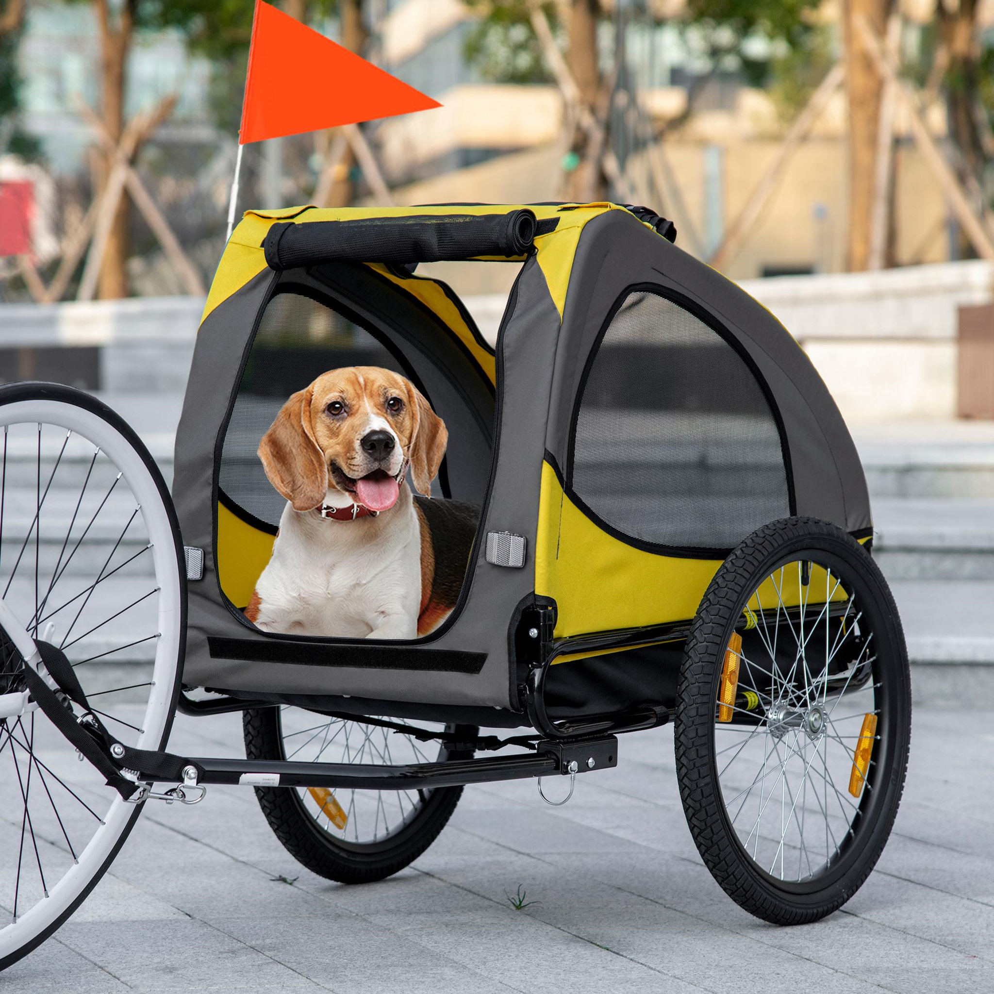Voir la diapositive 2 : PAWHUT Remorque vélo pour chien 20 kg pliable barre attelage fixation réflecteurs drapeau jaune