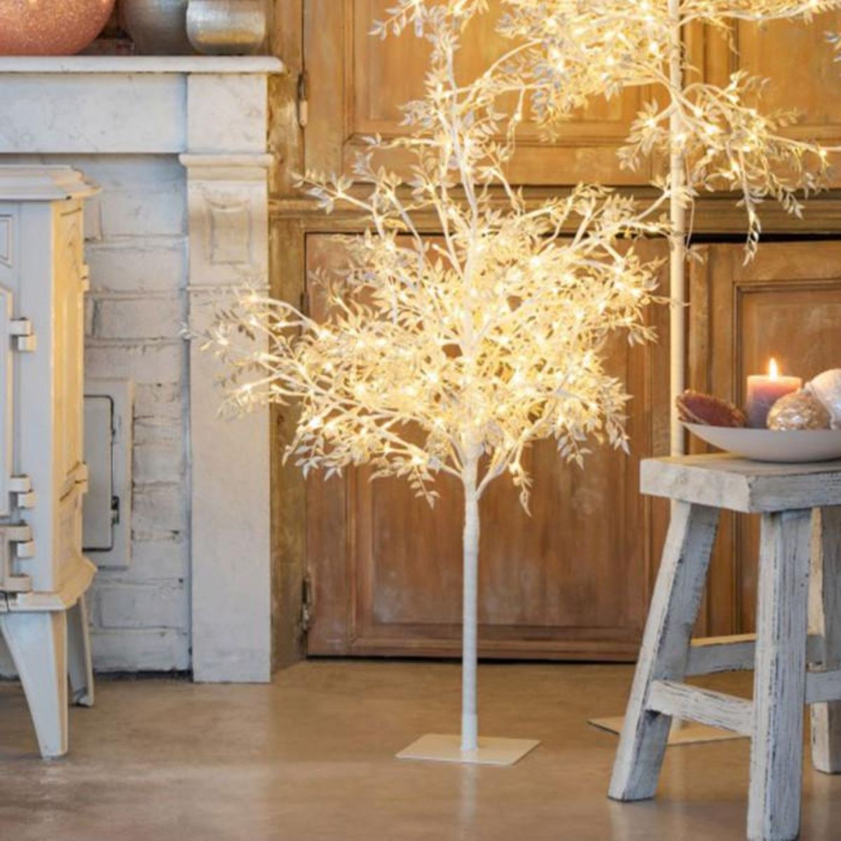 Paris Prix Statue Déco à LED  Arbre Feuilles  100cm Argent