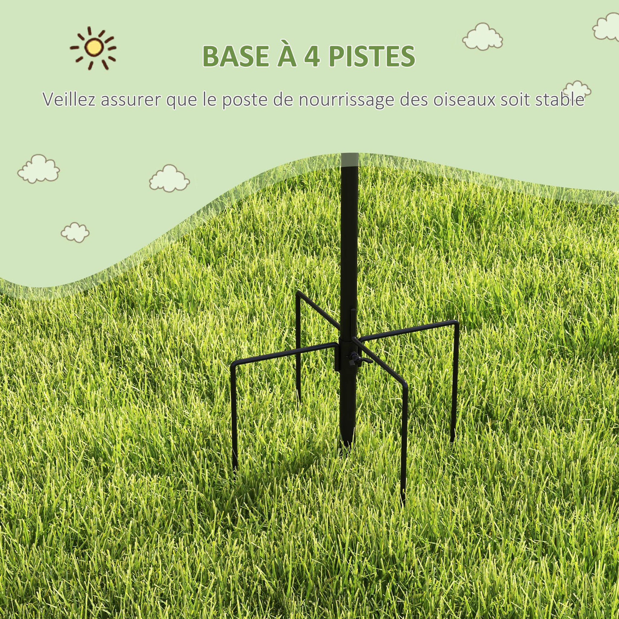 Voir la diapositive 6 : PAWHUT Mangeoire à oiseaux complet h.2,26 m style rustique chic - 6 crochets réglables, 4 mangeoires, plateau d'alimentation, grand bain, 4 piquets d'ancrage au sol - acier époxy aspect fer forgé