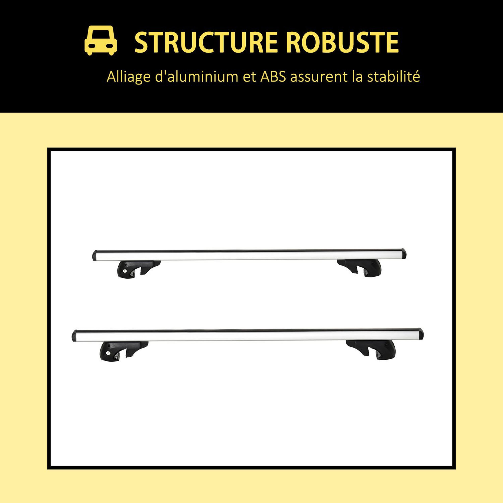 Voir la diapositive 5 : HOMCOM Barres de toit de voiture verrouillables 2 clés fournies dim. 123,5L x 5,5l x 7H cm aluminium noir
