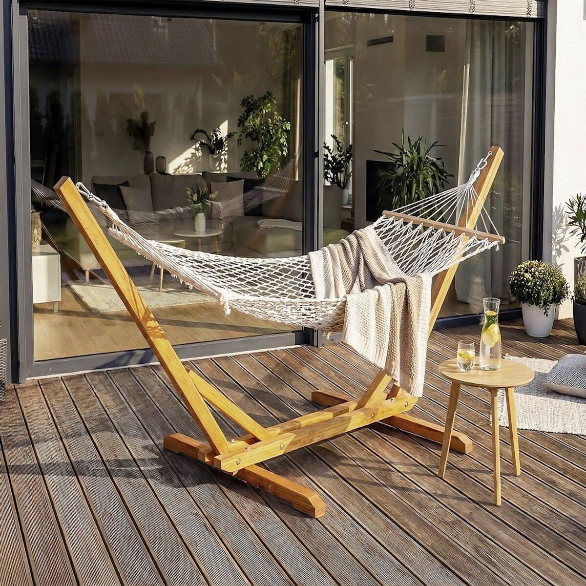 Habitat et Jardin Hamac bois avec toile en macramé  Dallas  - 305 x 120 x 123 cm - Blanc