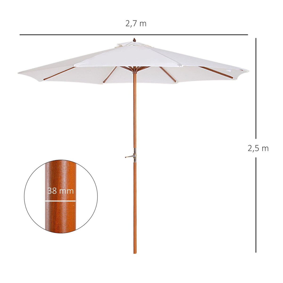 OUTSUNNY Parasol droit octogonal dia. 2,7 x 2,5 m - manivelle - bois toile haute densité 180g/m² crème