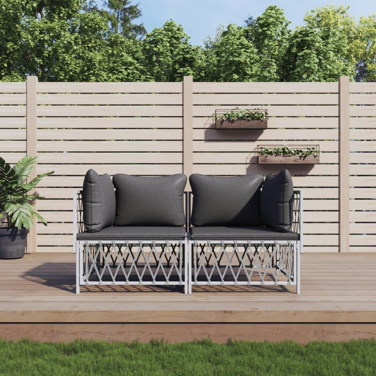 VIDAXL Salon de jardin avec coussins 2 pcs blanc acier