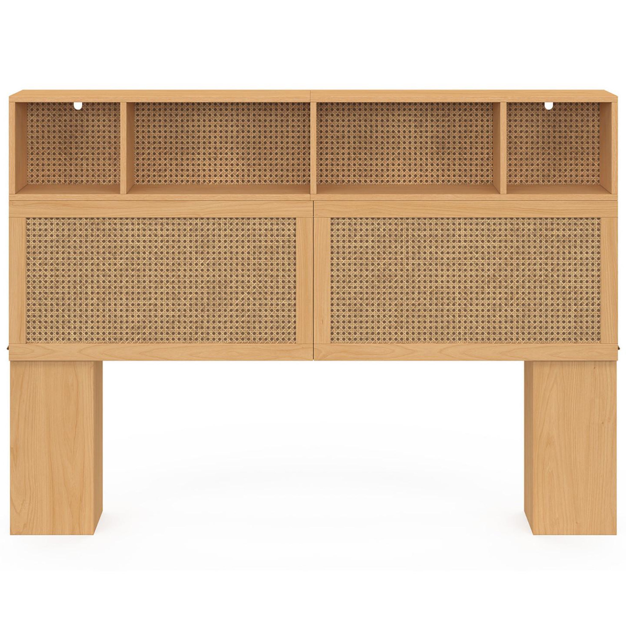 Voir la diapositive 3 : ID MARKET Tête de lit edhen 145 cm avec rangements fermés et niches cannage et bois