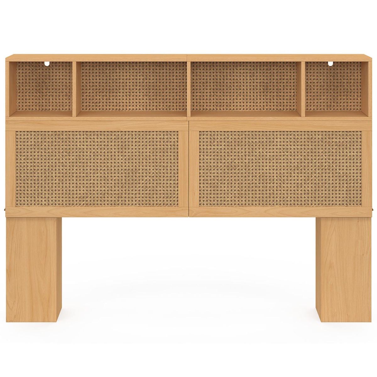 ID MARKET Tête de lit EDHEN 145 cm avec rangements fermés et niches cannage et bois