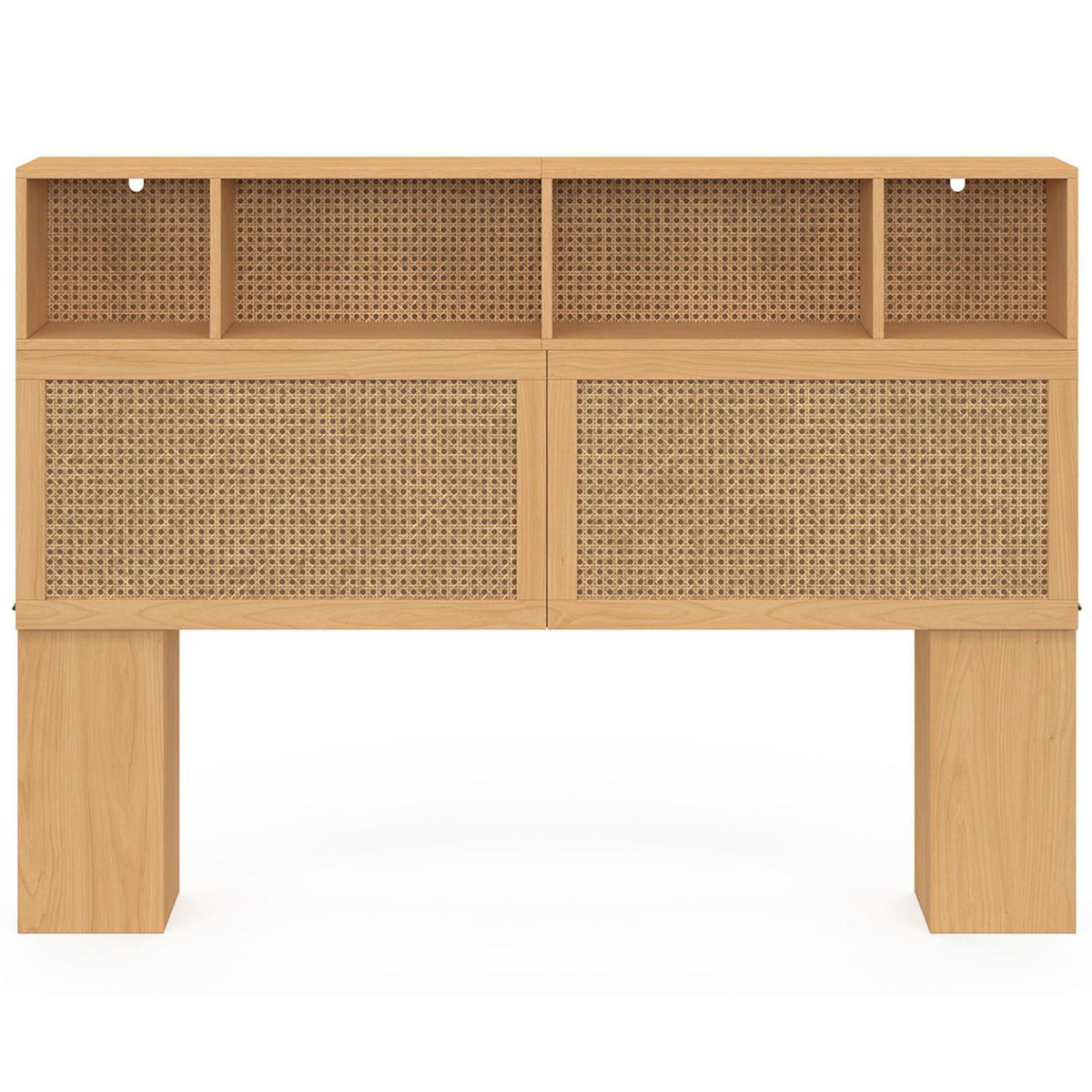 ID MARKET Tête de lit EDHEN 145 cm avec rangements fermés et niches cannage et bois