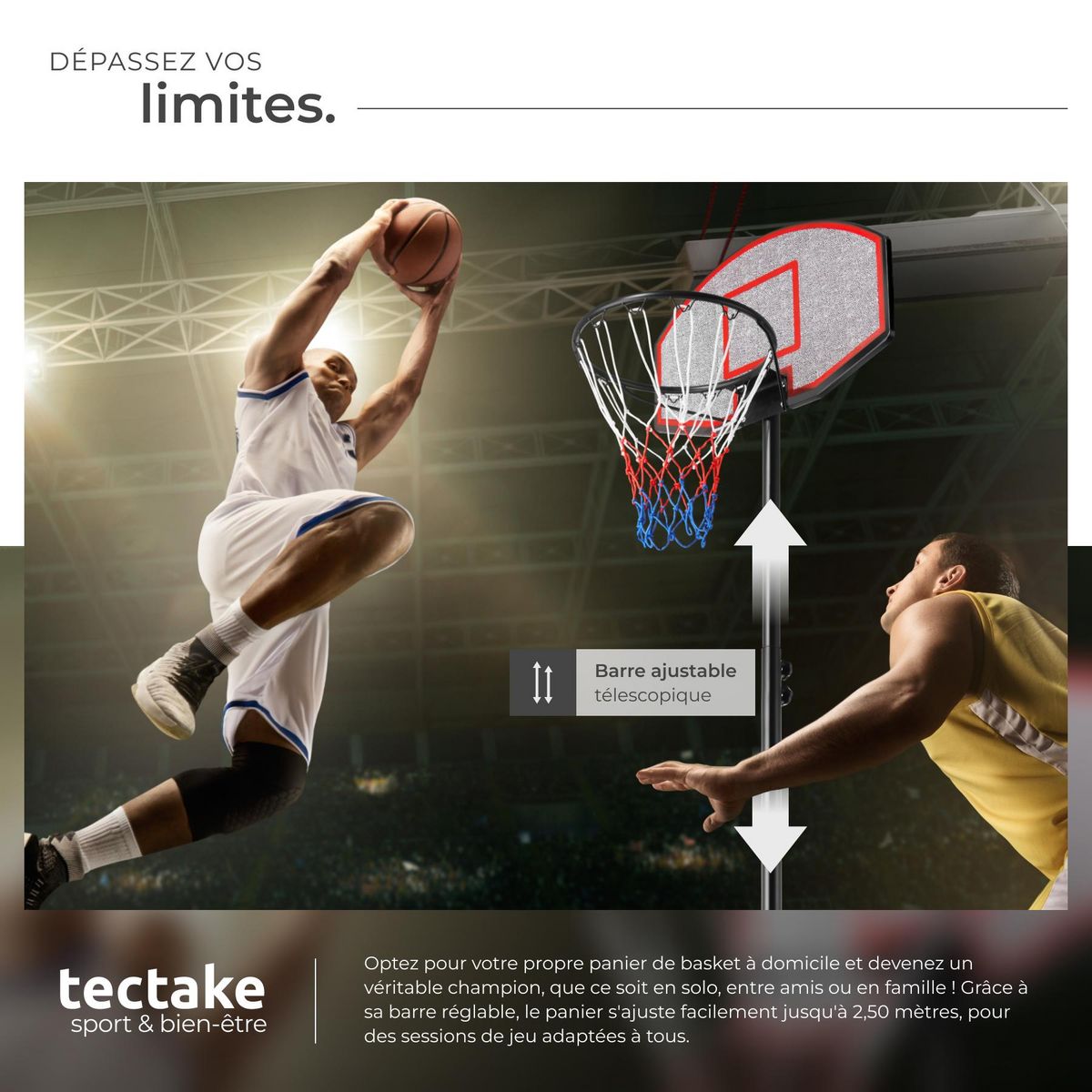 tectake Panier de basketball avec panneau et support noir