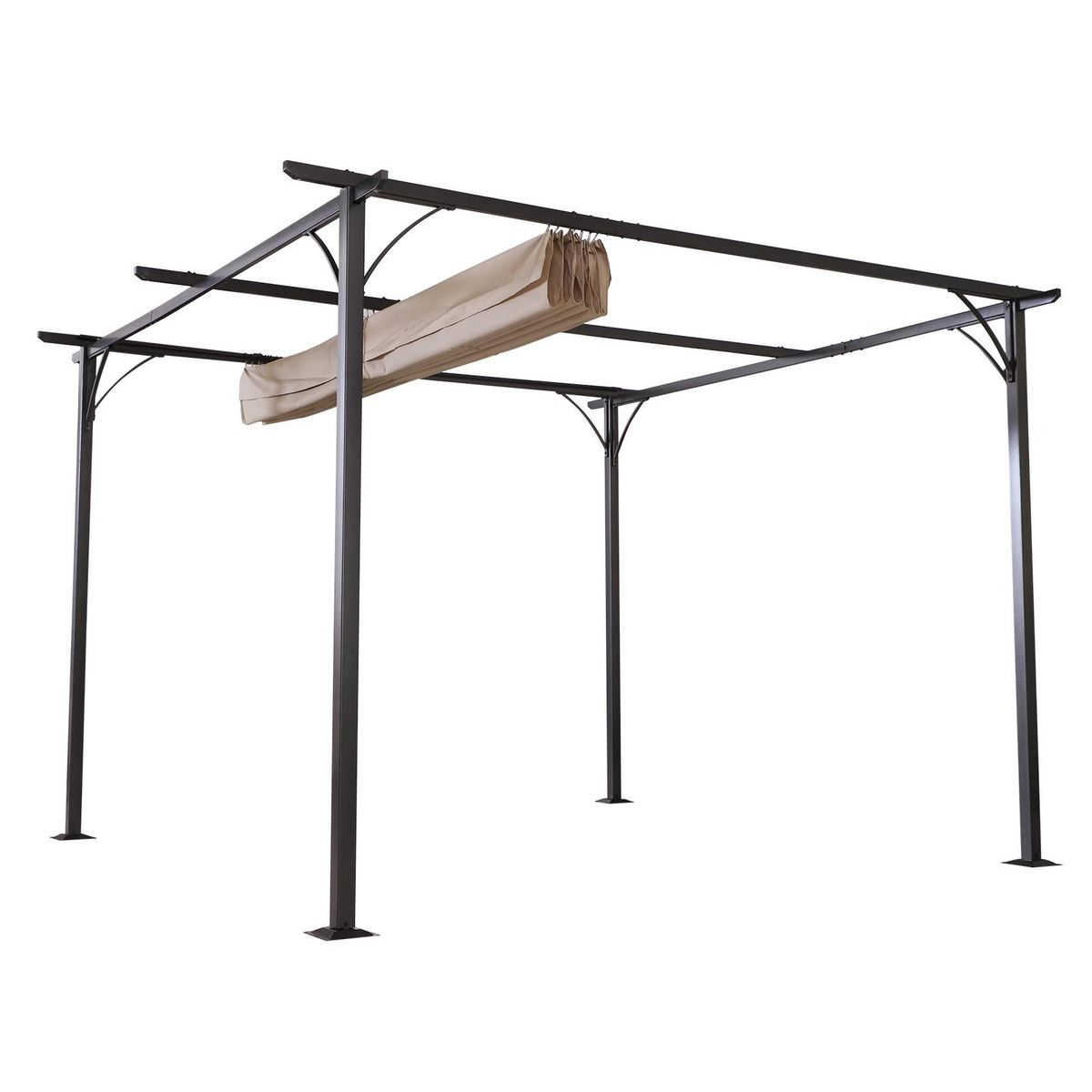 OUTSUNNY Pergola rétractable 3,5L x 3,5l x 2,30H m structure métal époxy anticorrosion noire + toile polyester haute densité 180 g/m² incluse beige