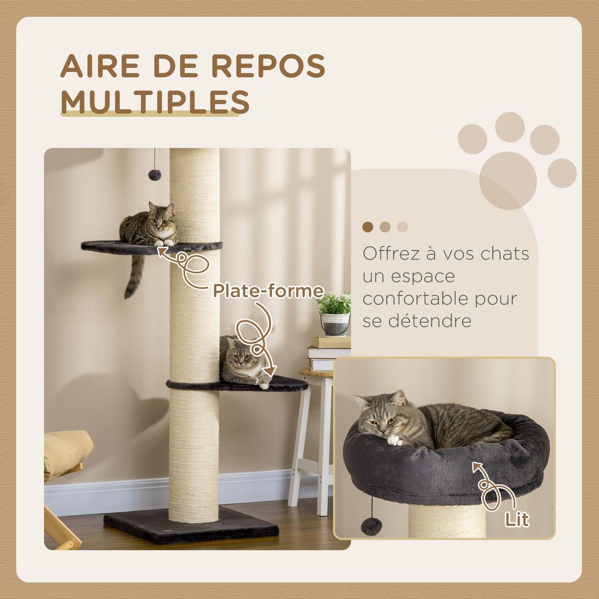 PAWHUT Arbre à chat griffoir sisal naturel 2 plateformes panier observation jeu boule suspendue peluche grise