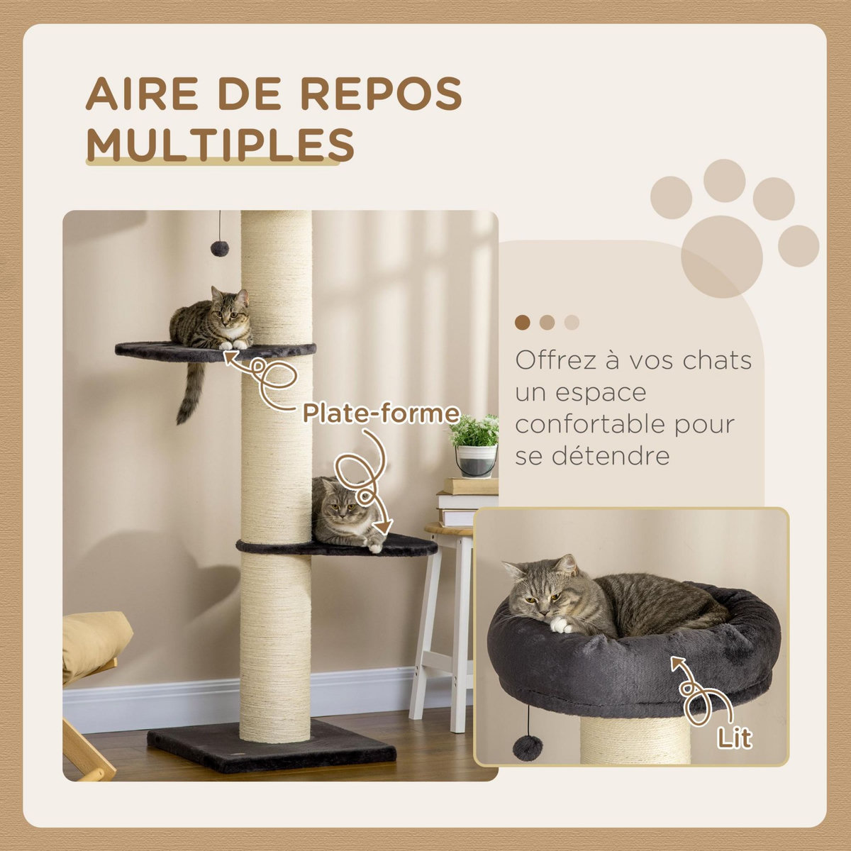 PAWHUT Arbre à chat griffoir sisal naturel 2 plateformes panier observation jeu boule suspendue peluche grise
