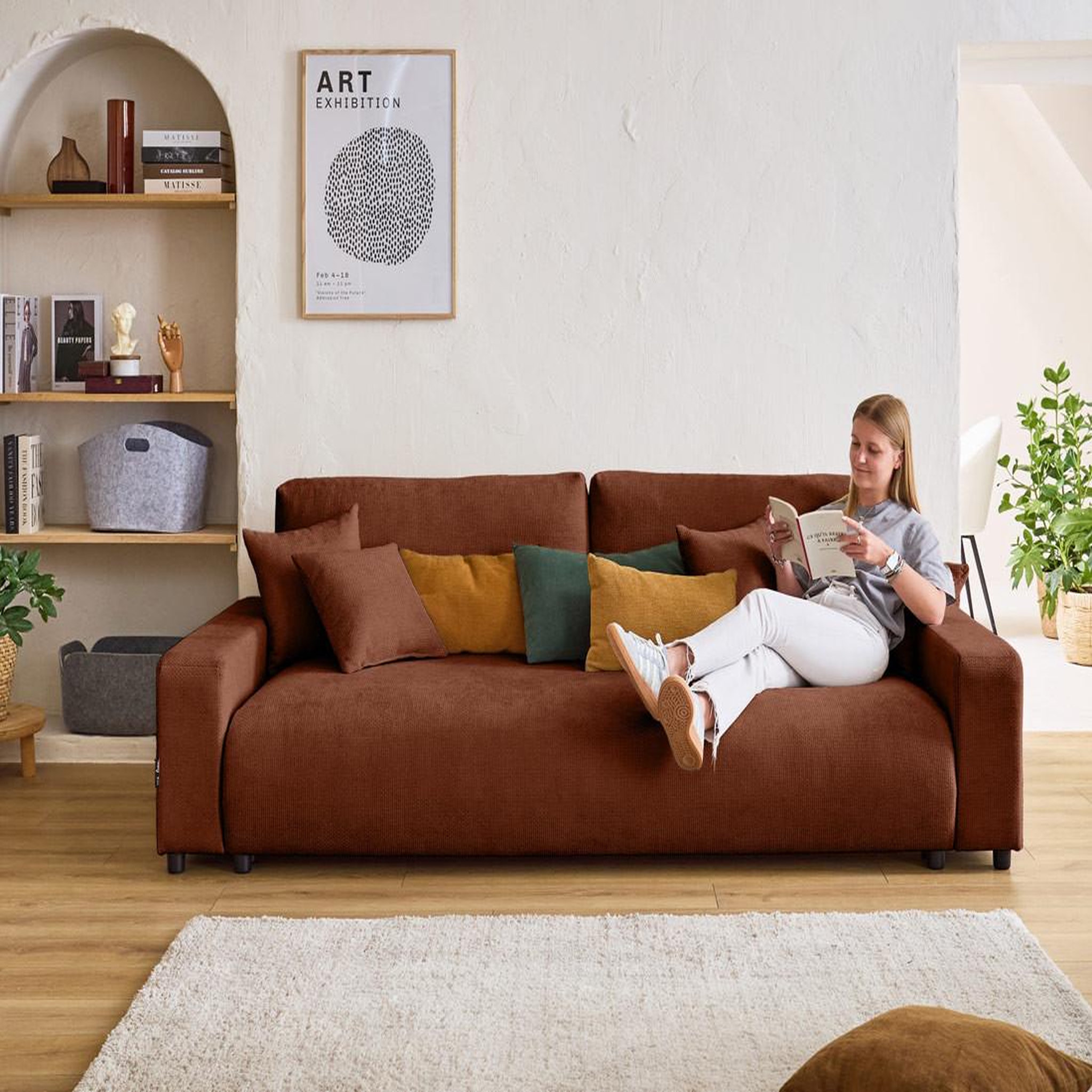 Voir la diapositive 4 : BEST MOBILIER Pivoine - canapé droit 3 places - convertible avec coffre - en velours texturé