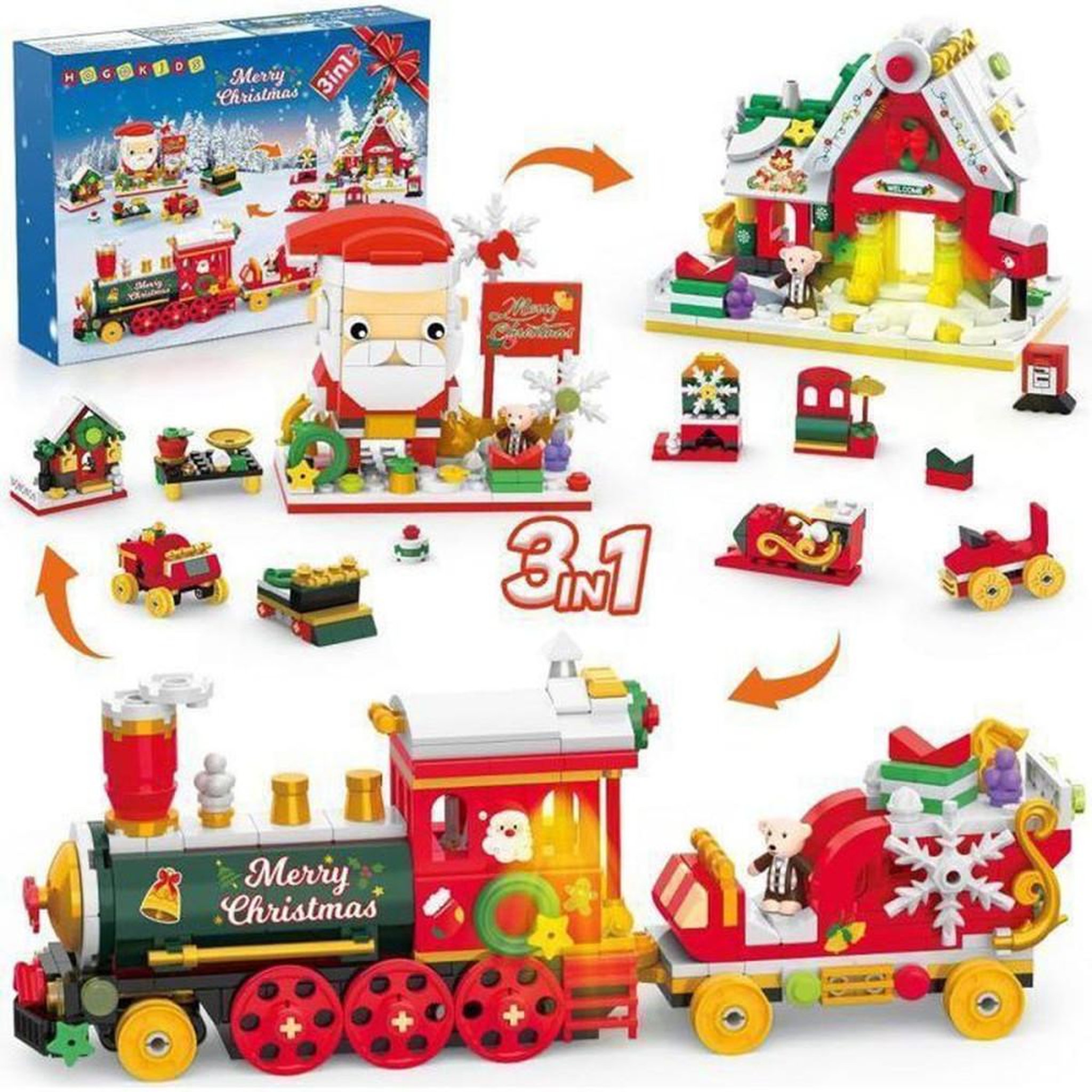 Jouet de construction Noël 3-en-1 403 pièces avec LED, modèles Père Noël, train et cabane
