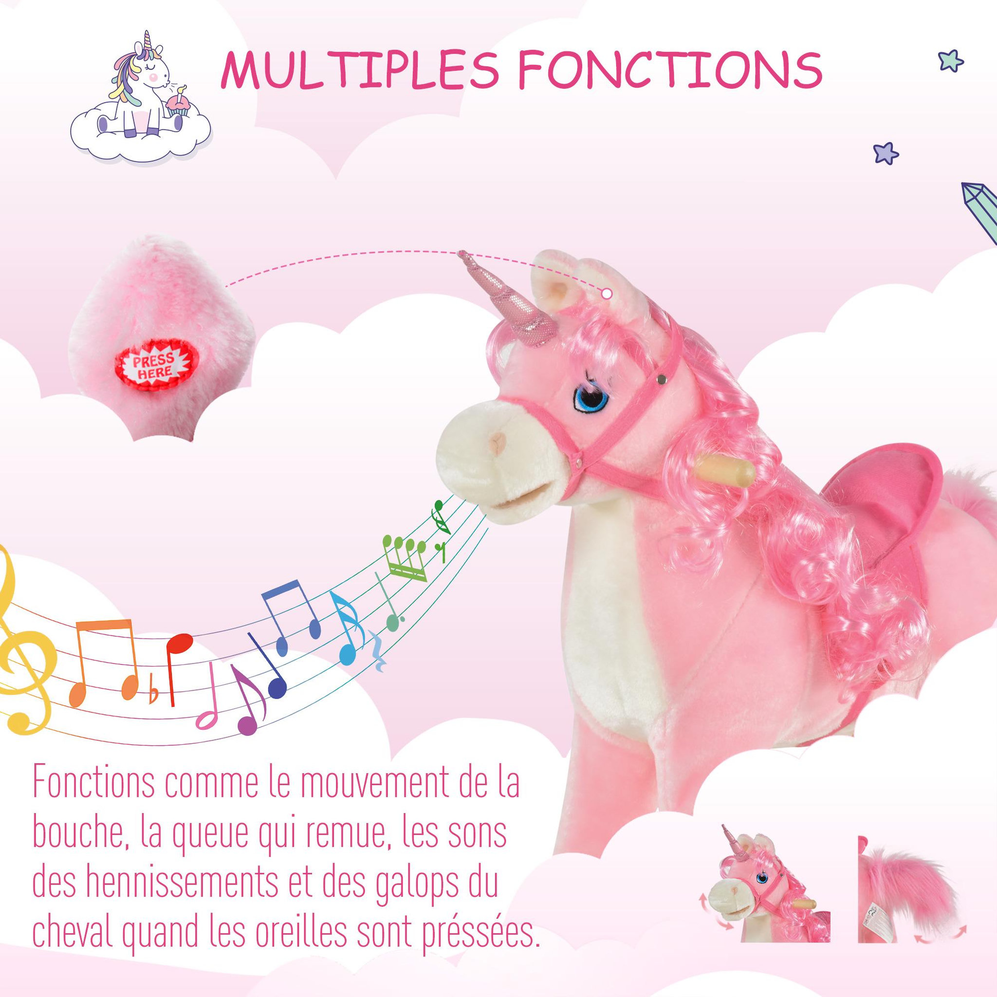 Voir la diapositive 5 : HOMCOM Cheval à bascule modèle licorne avec sons authentiques selle grand confort bois de peuplier rose dim. L74 x l33 x 62H cm