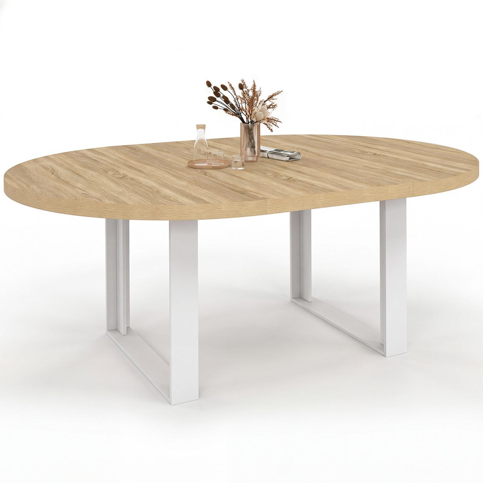 ID MARKET Table à manger extensible ronde phoenix 6-10 personnes bois et blanc 140-200 cm